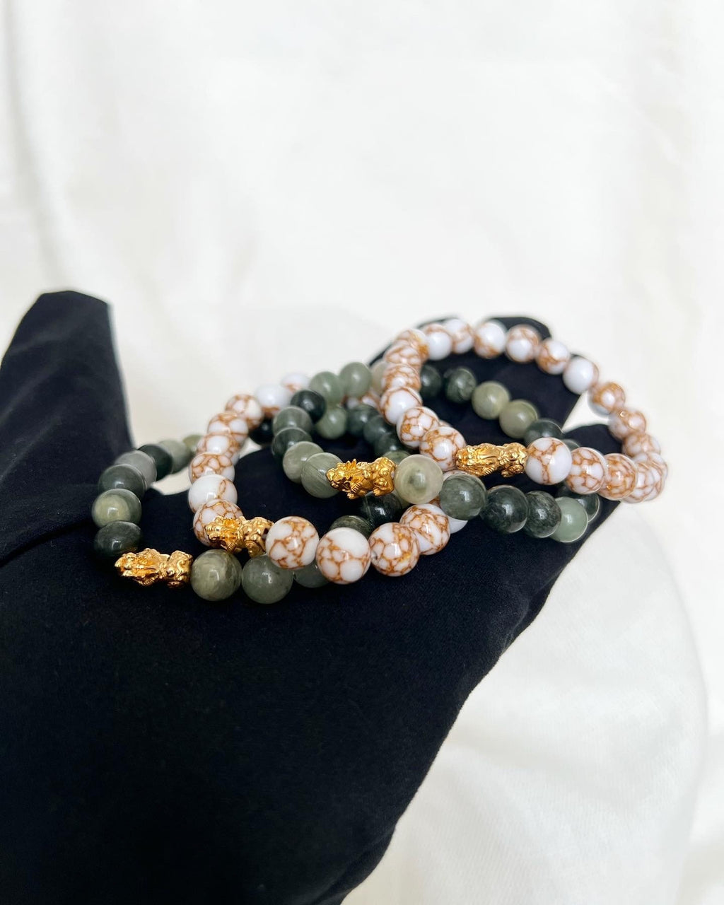 18K Gold Lucky Tiger Charm Bracelet, Jade and Marble Gemstone Beads