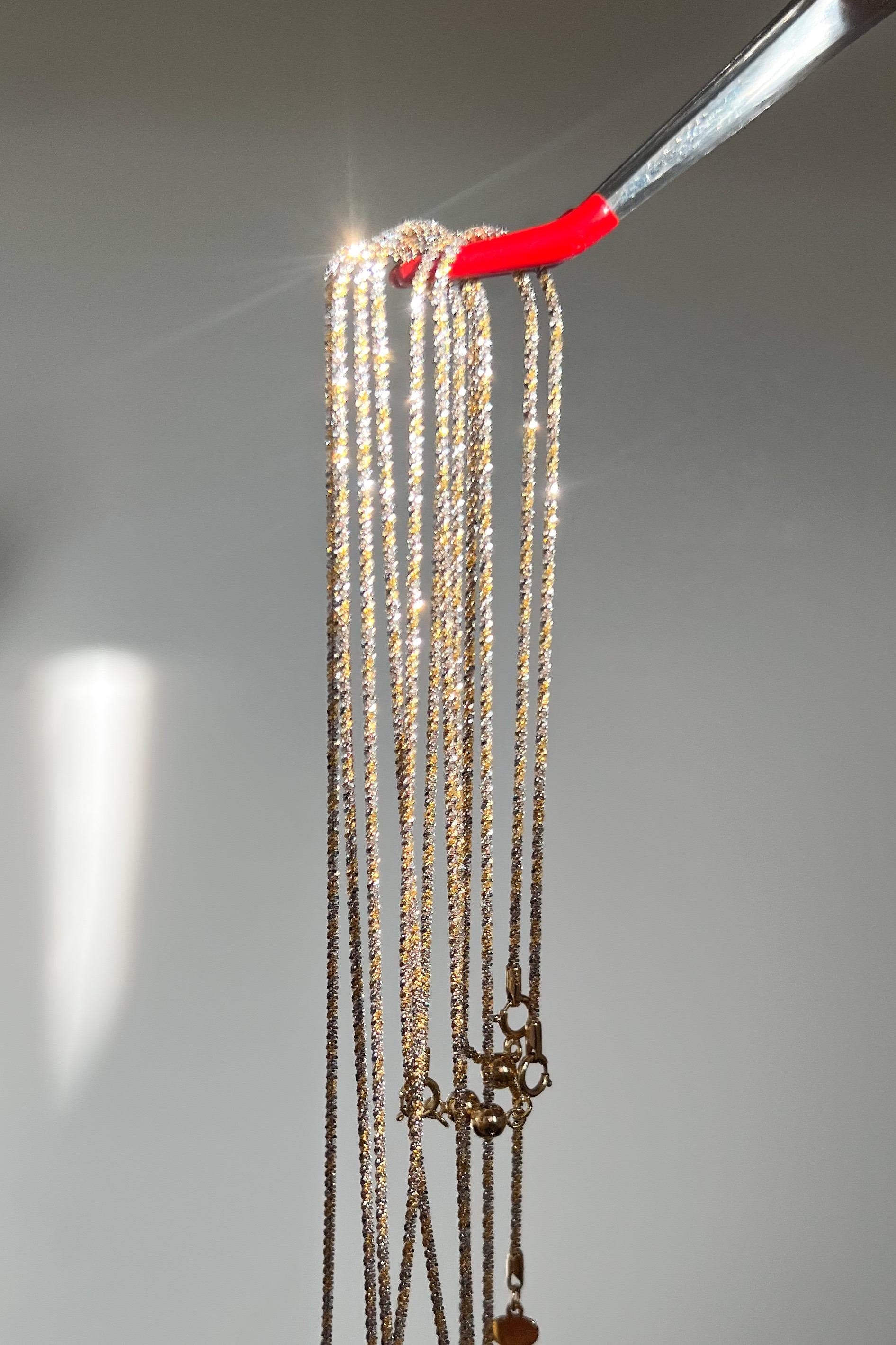 18K Solid Gold Two-Tone Sparkly Necklace, Adjustable Chain, Minimalist Layering Jewelry