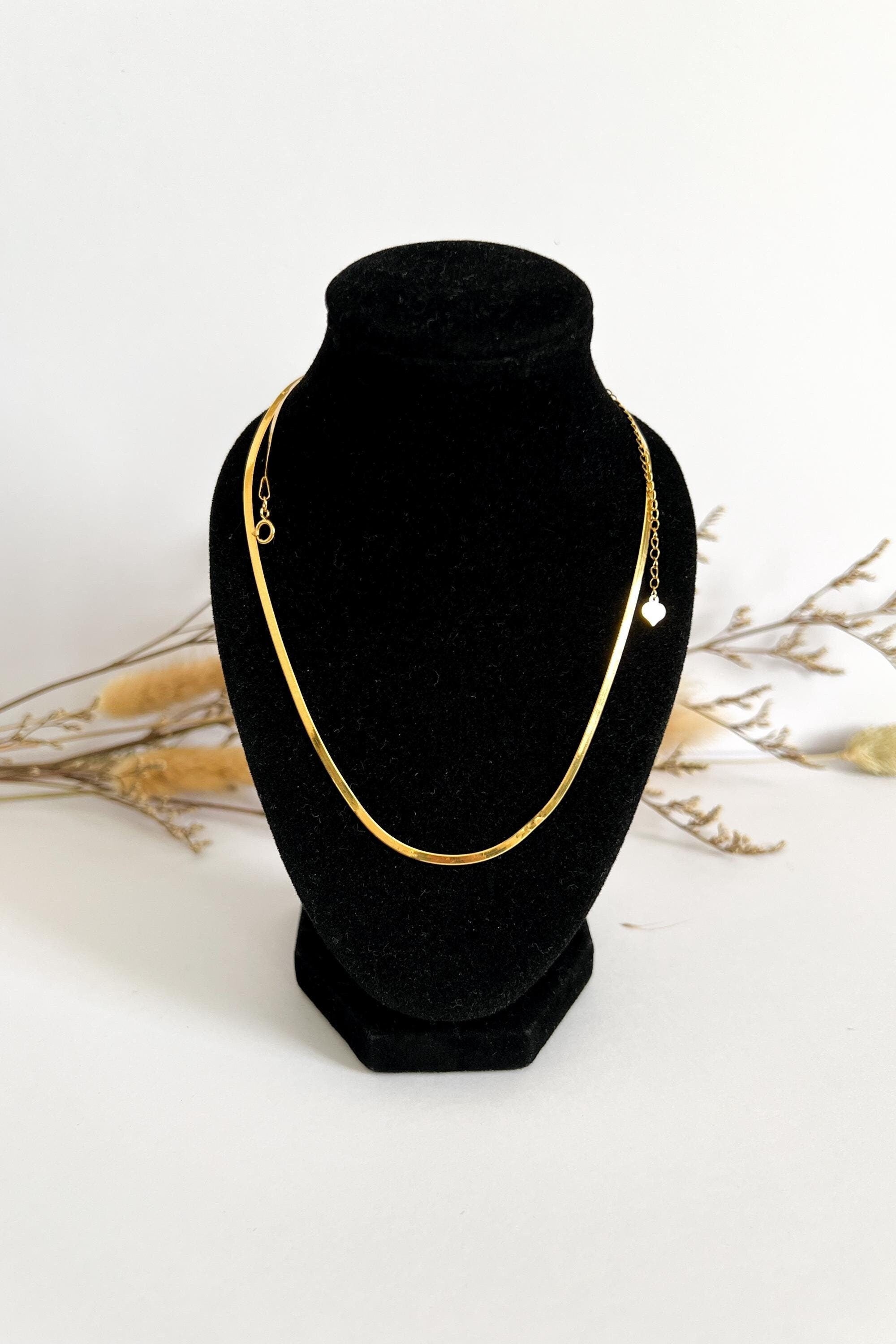 18K Solid Gold Flat Herringbone Necklace: Adjustable 2mm Chain