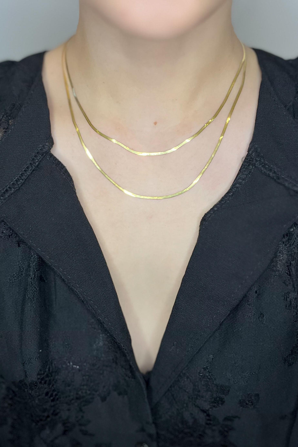 18K Solid Gold Flat Herringbone Necklace: Adjustable 2mm Chain