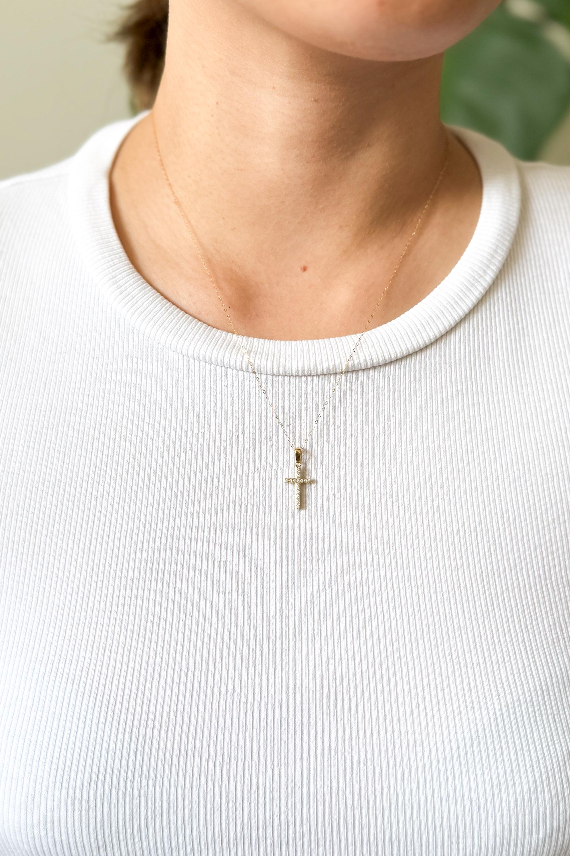 18K Solid Gold Cross Necklace, Moissanite Multi-Gem Charms, Dainty Religious Jewelry
