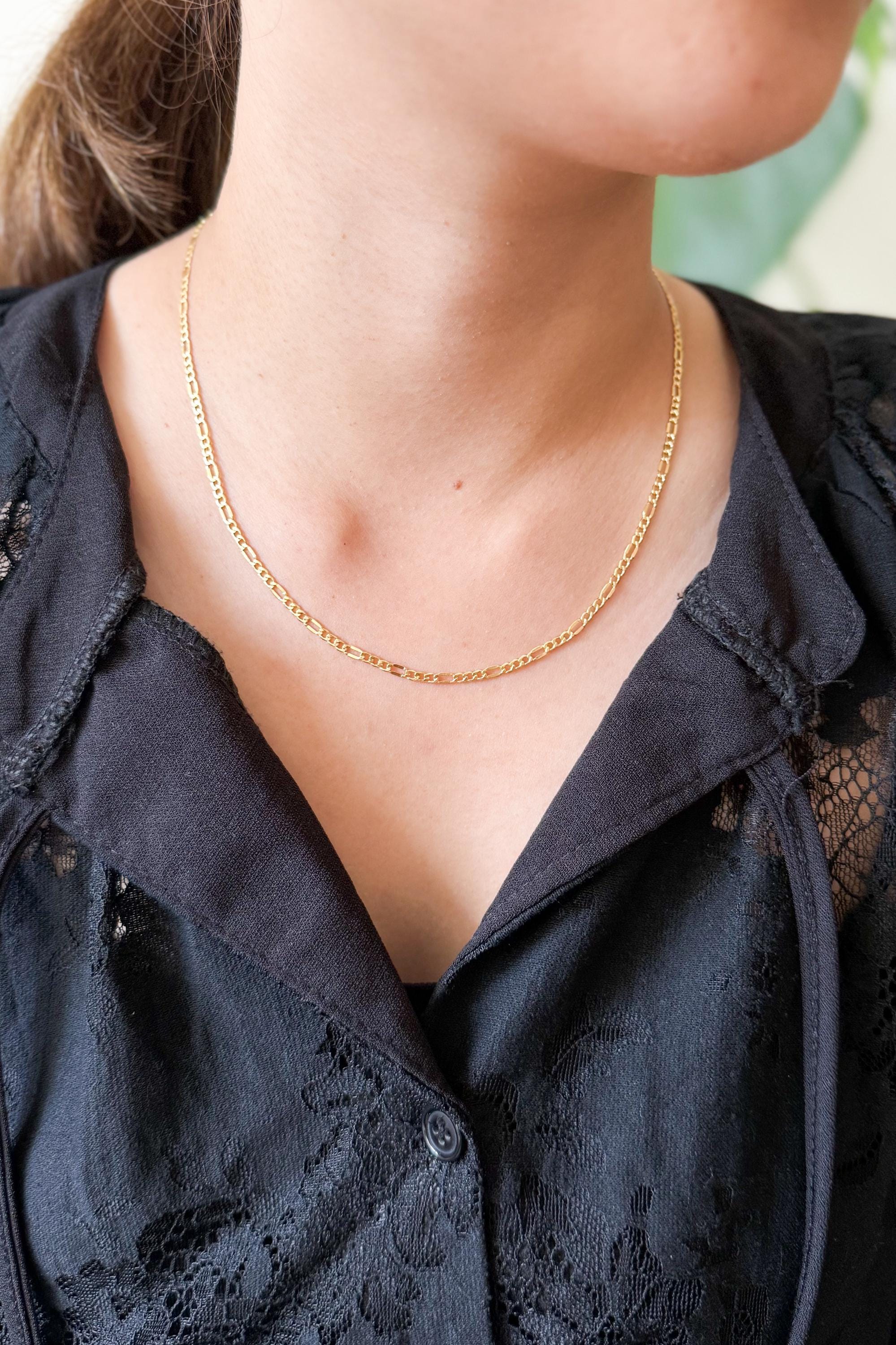 18K Solid Gold Figaro Necklace Chain, Minimalist Jewelry, Adjustable Length