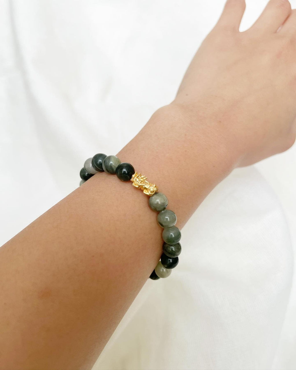 18K Gold Lucky Tiger Charm Bracelet, Jade and Marble Gemstone Beads
