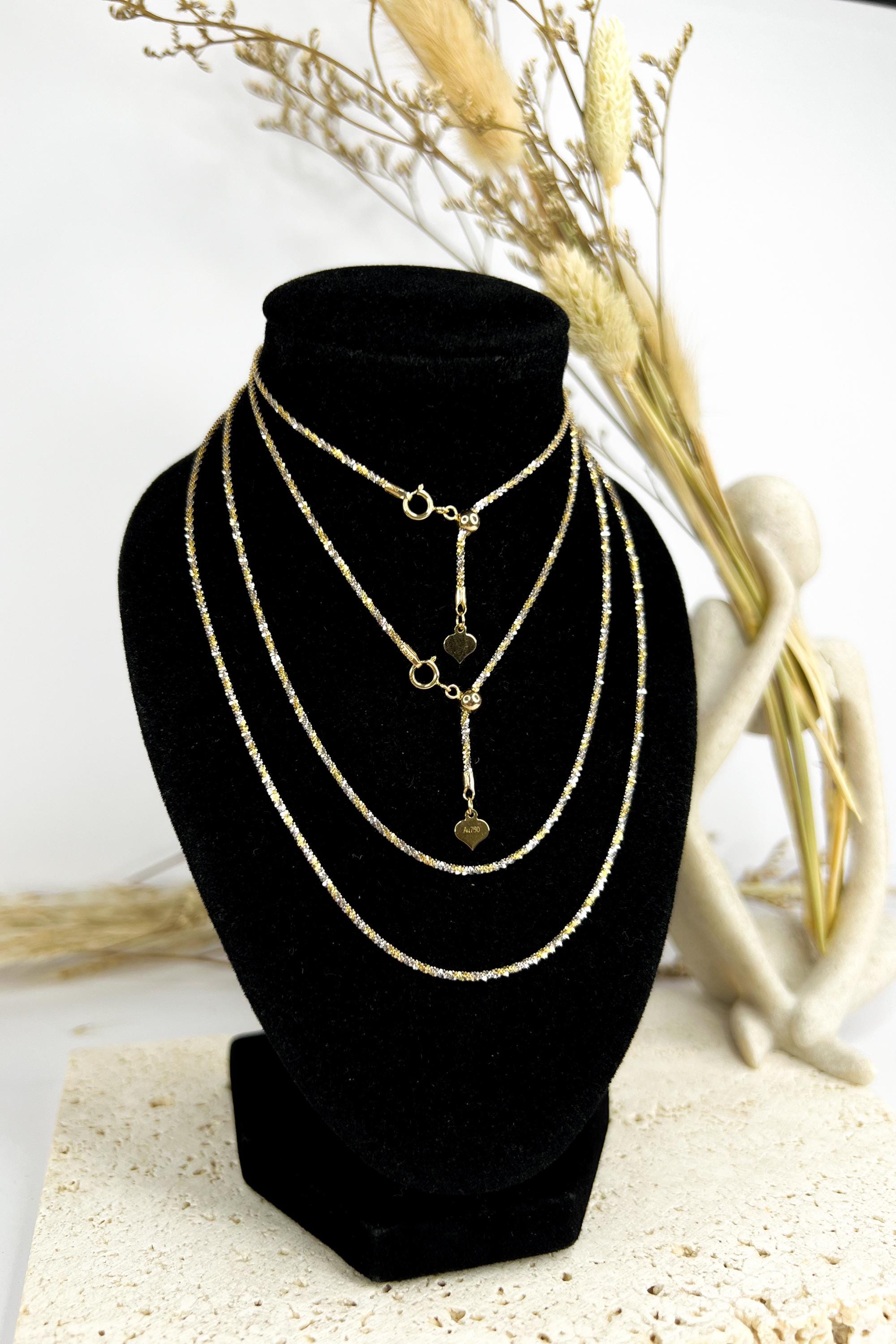 18K Solid Gold Two-Tone Sparkly Necklace, Adjustable Chain, Minimalist Layering Jewelry