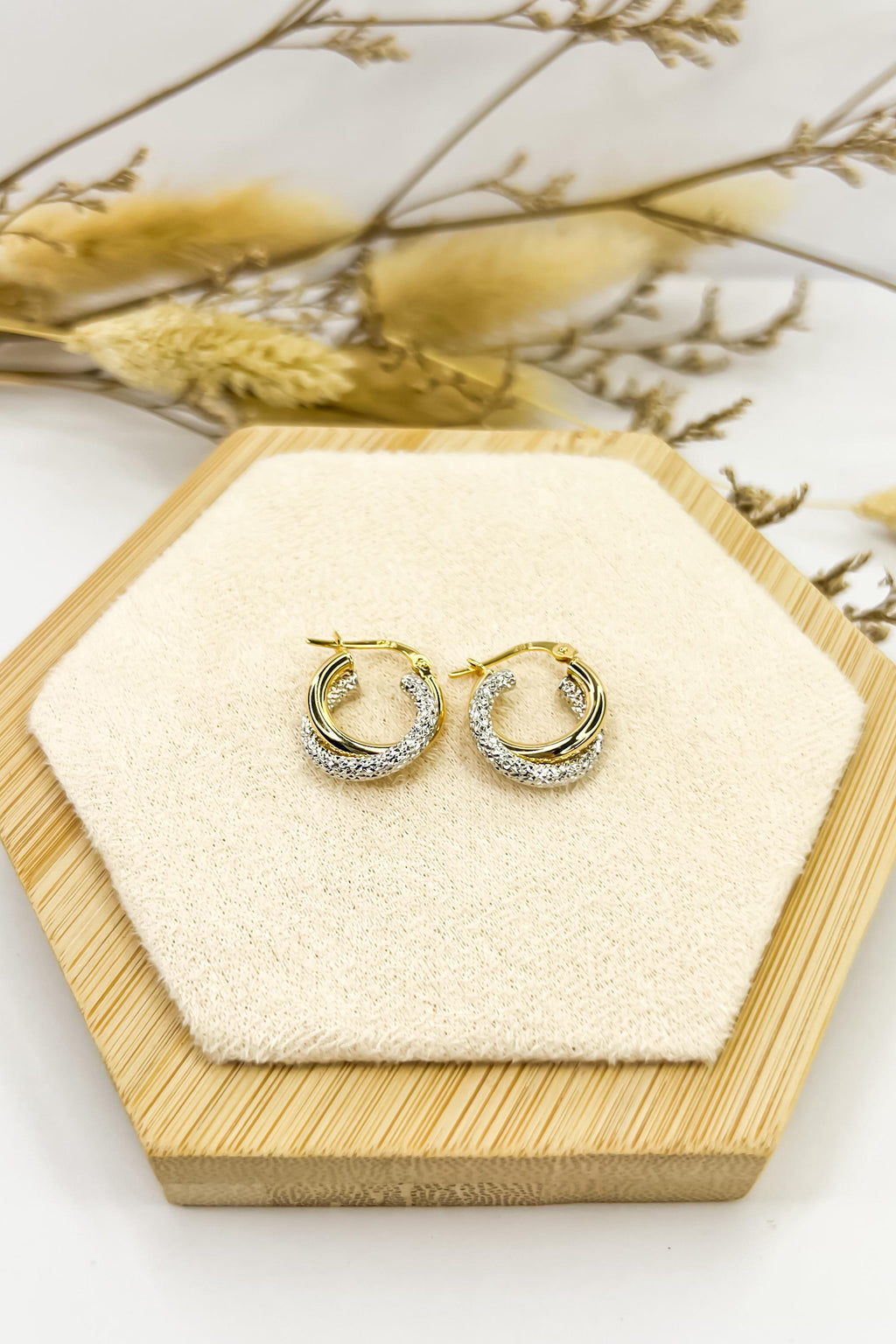 18K Solid Gold Two-Tone Hoop Earrings - Unique - Au750 - 15mm  Birthday Gift - Christmas Gift - Gift for Her - Bestseller Gift