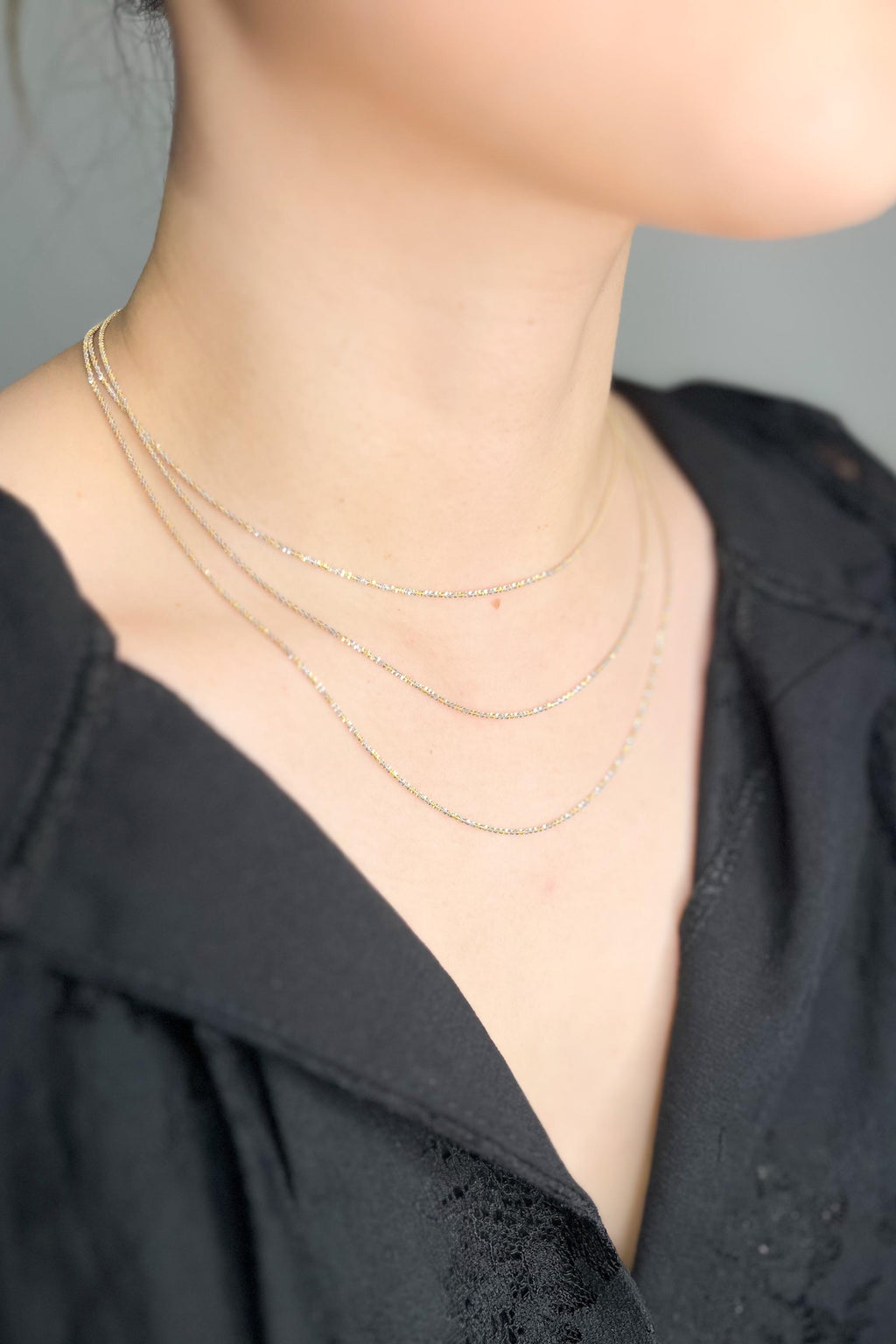 18K Solid Gold Two-Tone Sparkly Necklace, Adjustable Chain, Minimalist Layering Jewelry