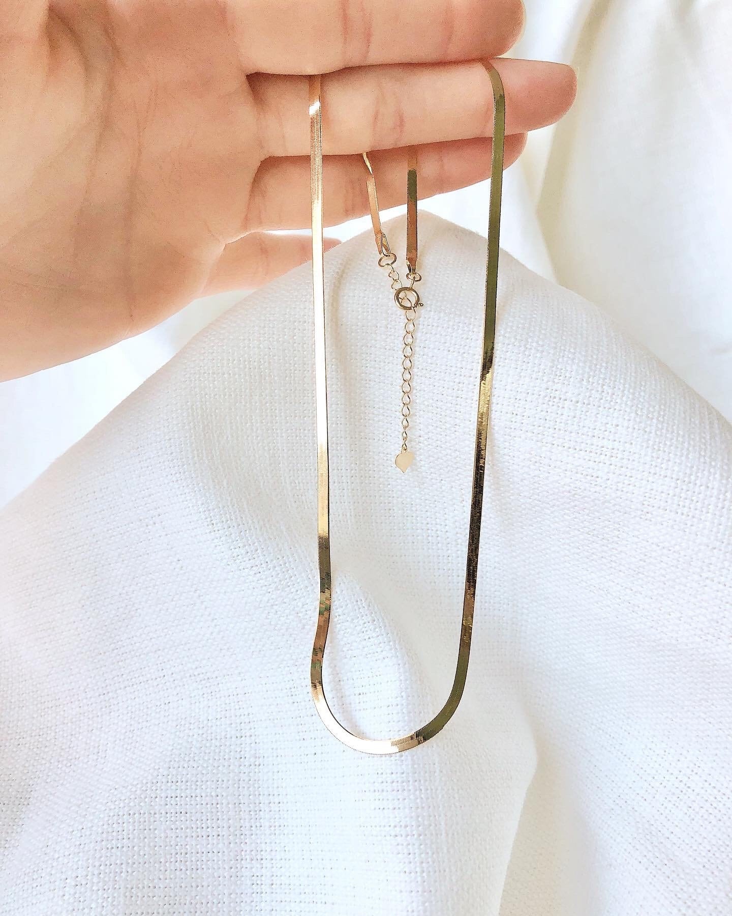 18K Solid Gold Herringbone Chain Necklace, 2.5mm Dainty Layering Jewelry (15.5-17.25 inches)