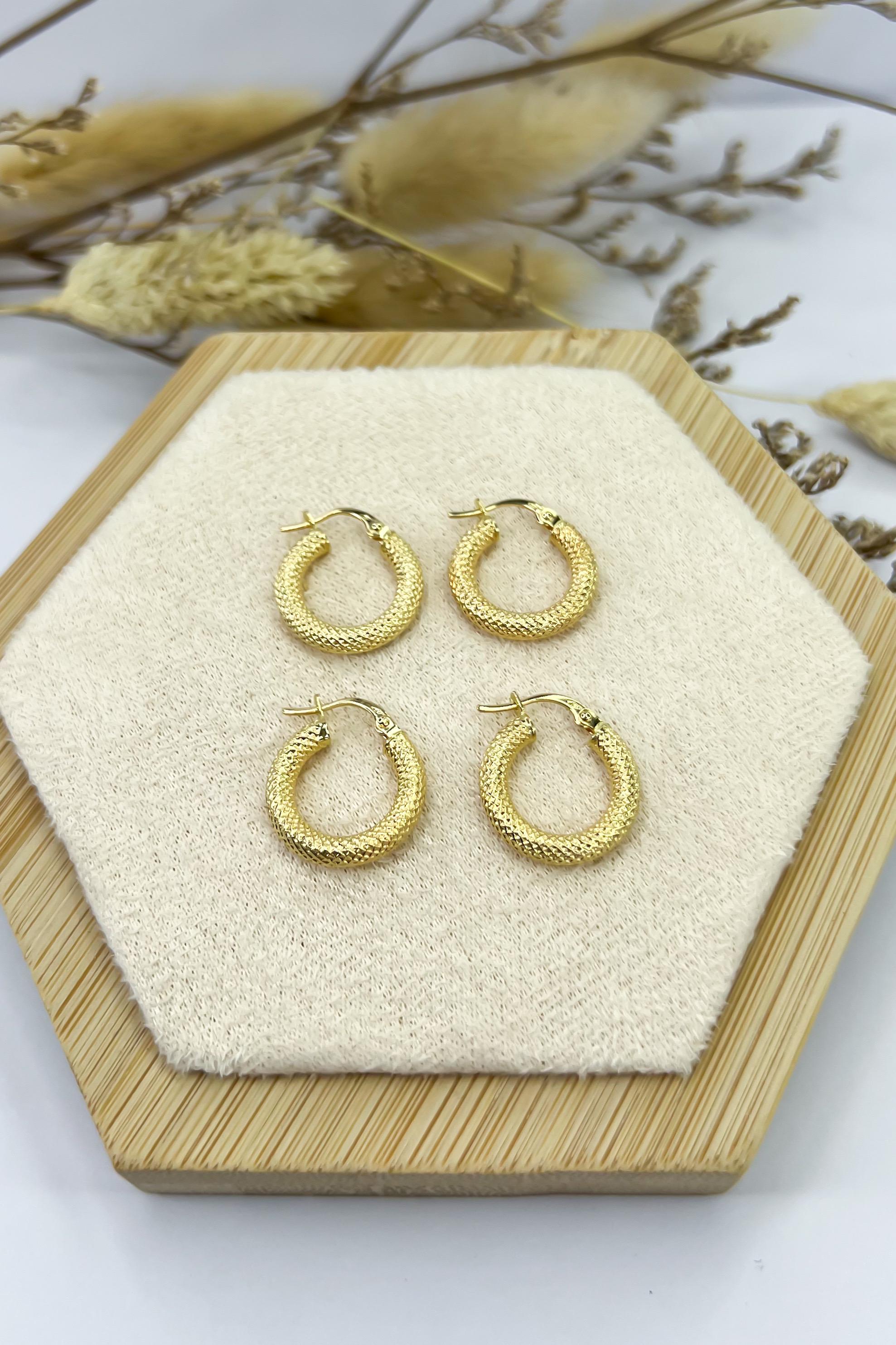 18K Solid Gold Textured Hoop Earrings -16mm - Thick & Unique - Dailywear - Best gift for her - Ideal gift for her - Birthday Gift for Her
