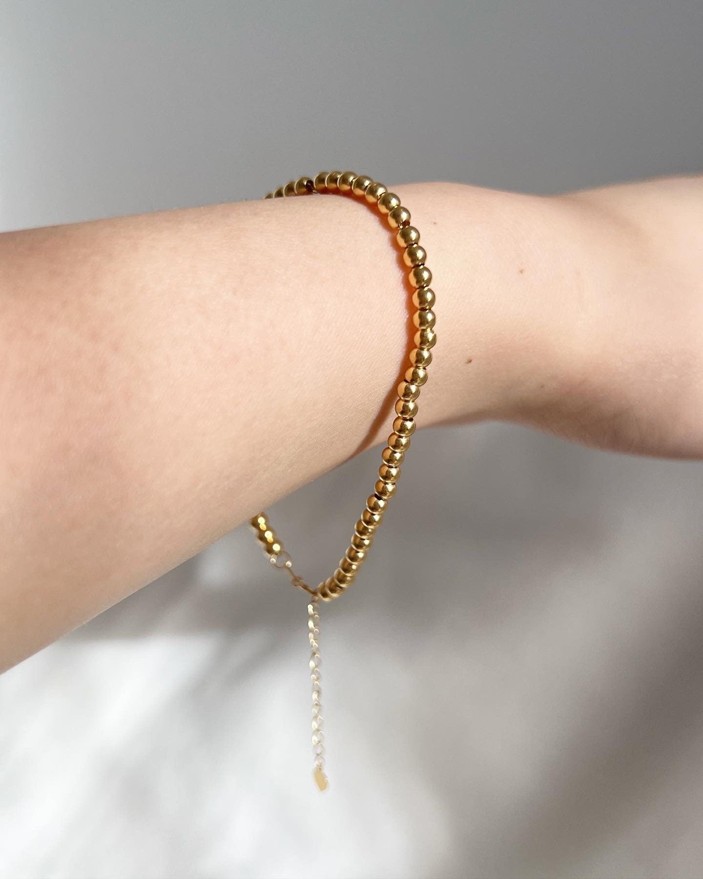 18K Solid Gold Beaded Bracelet, 3mm Dainty Adjustable Strand, Minimalist Jewelry