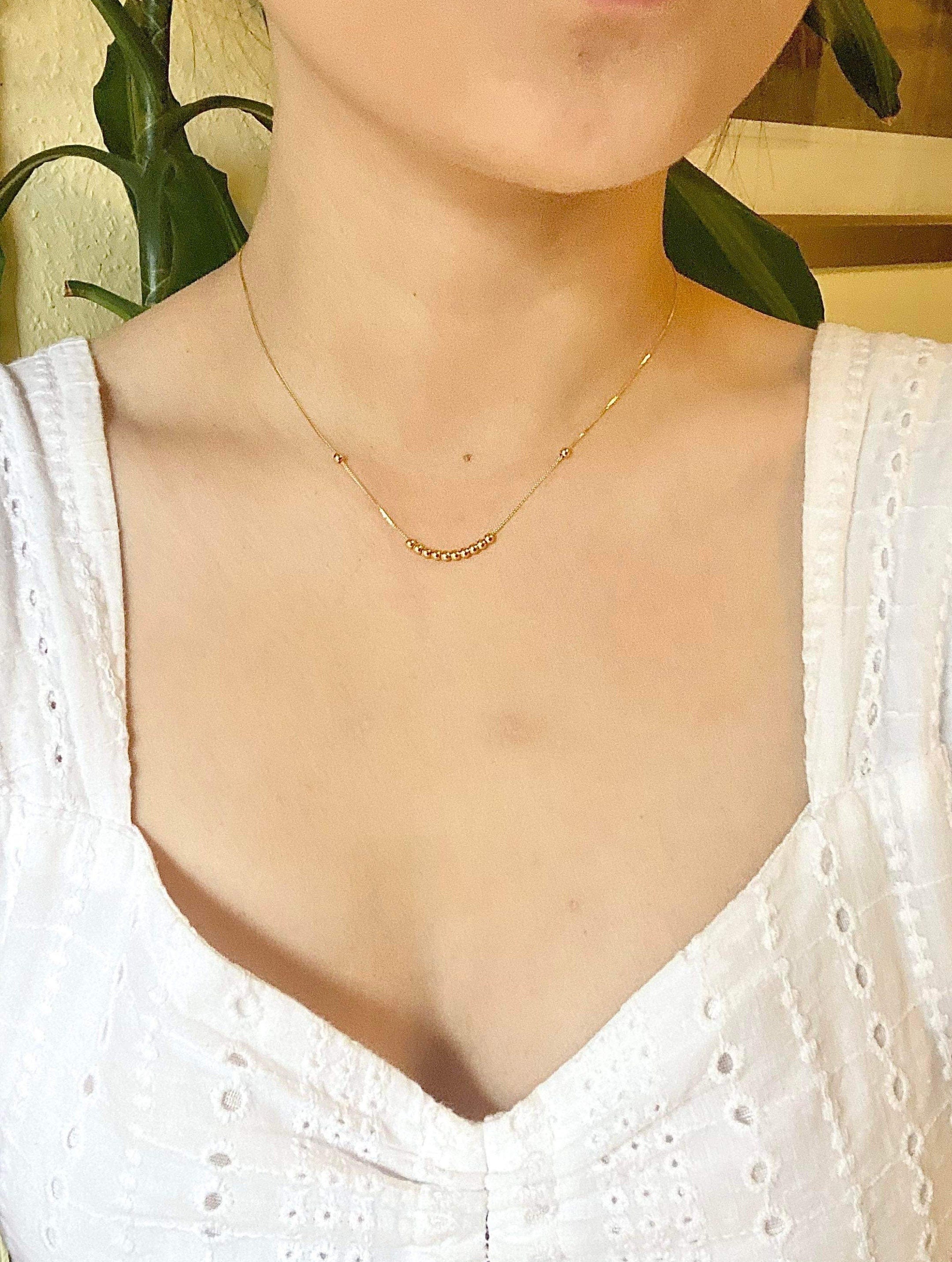 18K Yellow Gold Running Beads Necklace, Minimalist Dainty Chain, Solid Gold Jewelry