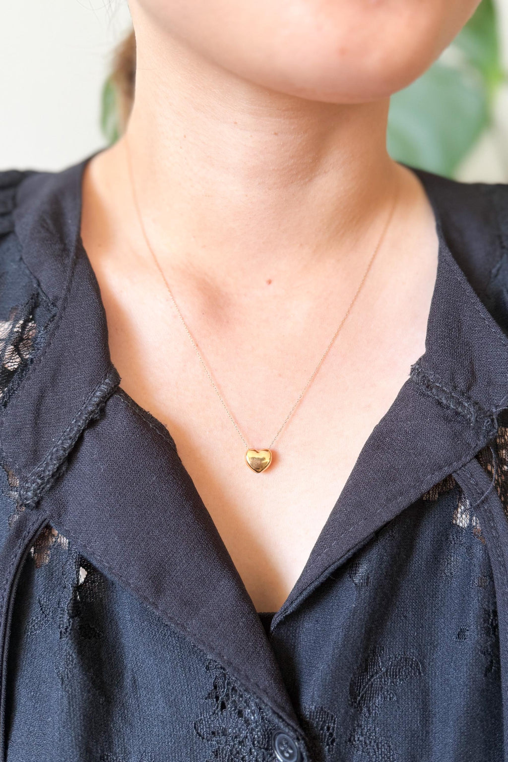 18K Solid Gold Puff Heart Necklace, Dainty 10mm Pendant, Minimalist Jewelry