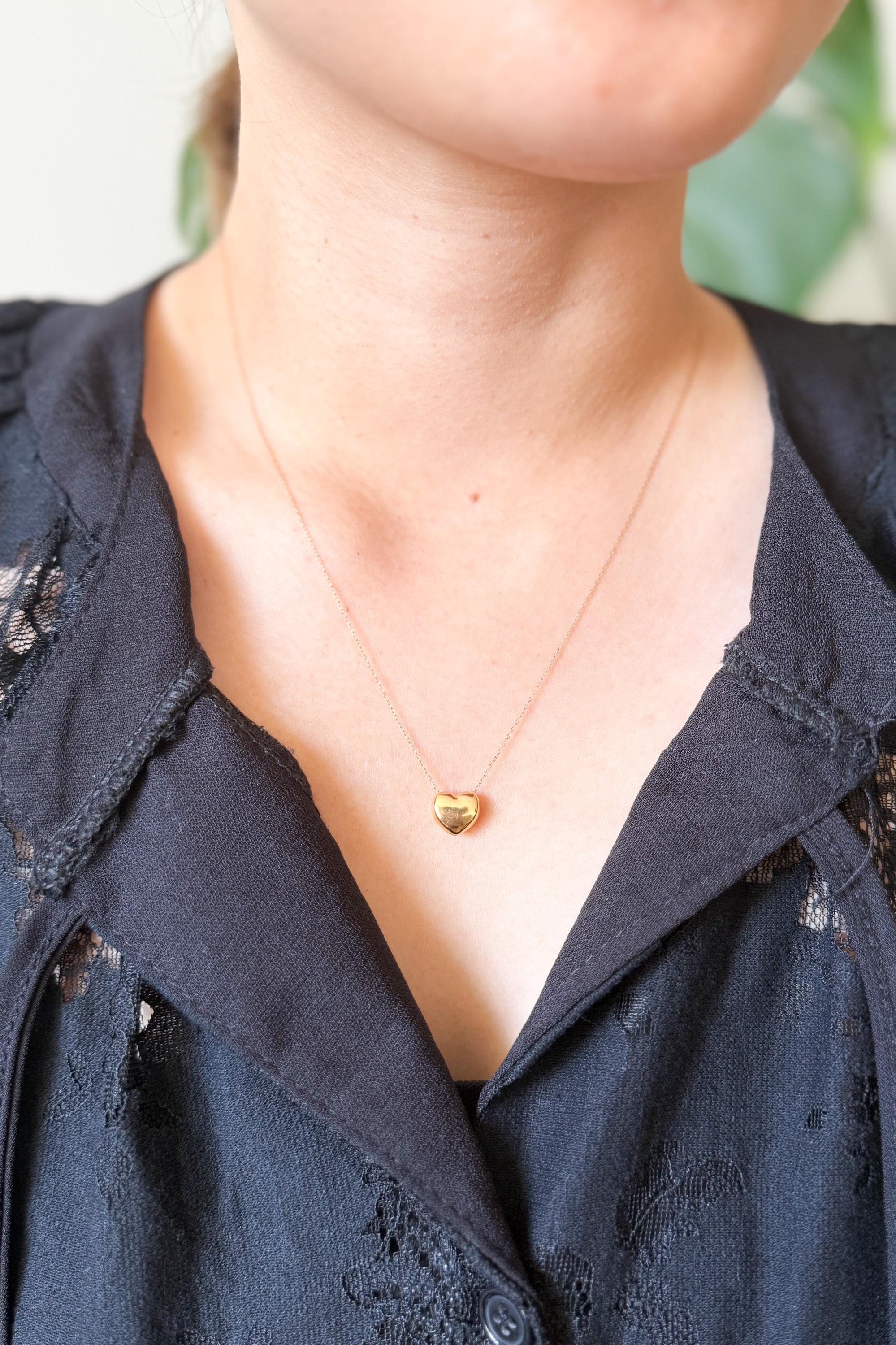 18K Solid Gold Puff Heart Necklace, Dainty 10mm Pendant, Minimalist Jewelry