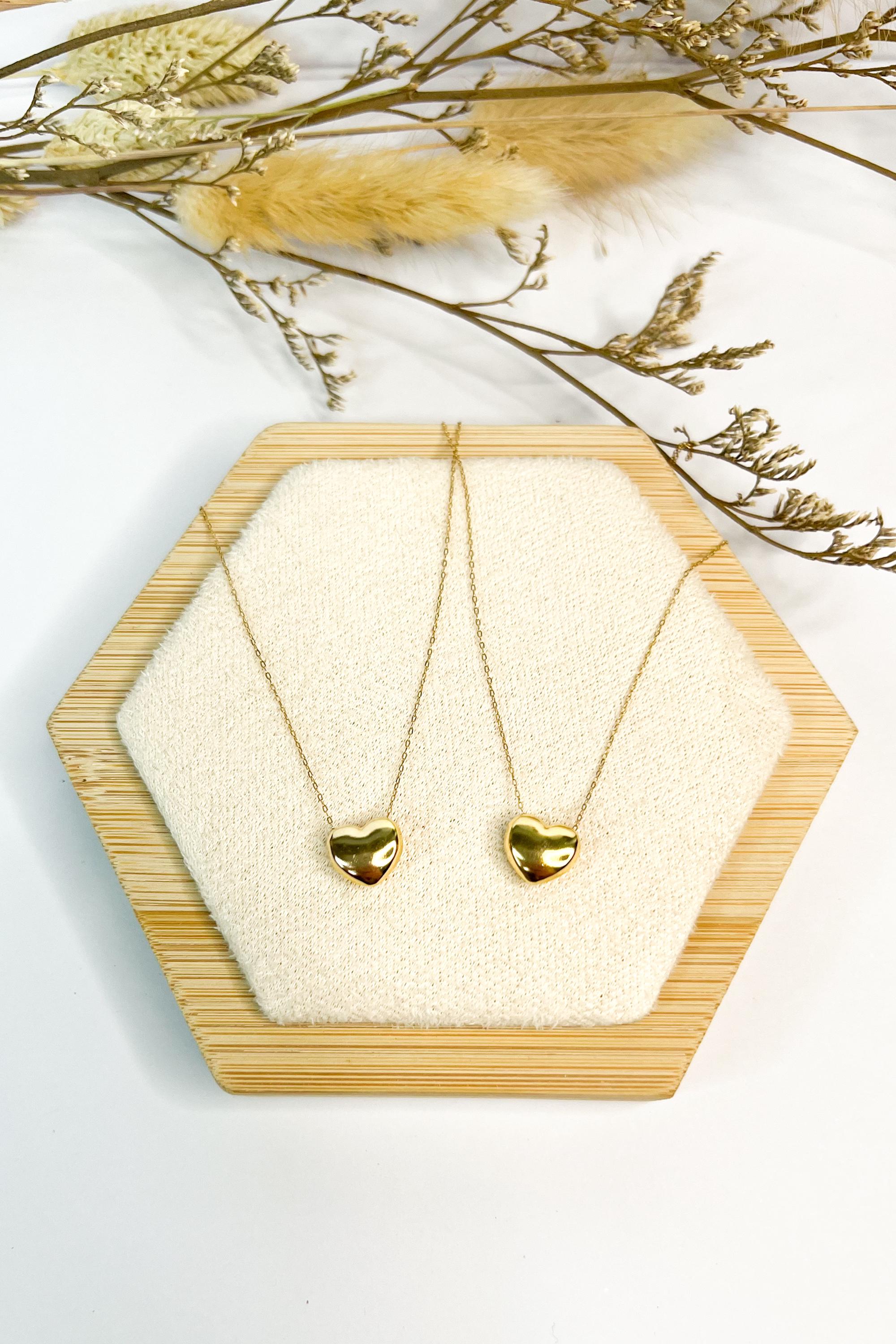 18K Solid Gold Puff Heart Necklace, Dainty 10mm Pendant, Minimalist Jewelry