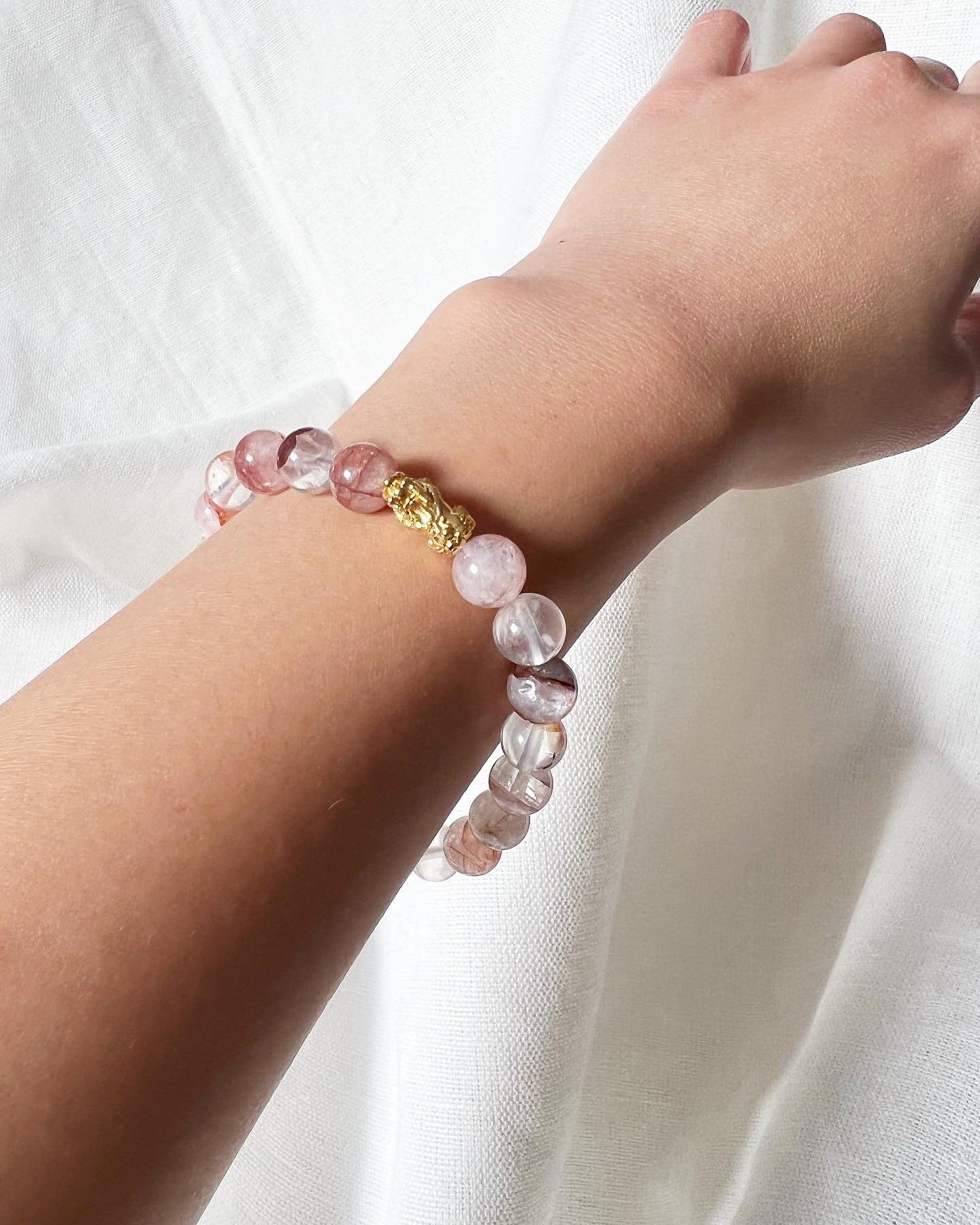 18K Gold Tiger Charm Bracelet, Rose Quartz, Red Coral, Lucky Gemstone Jewelry