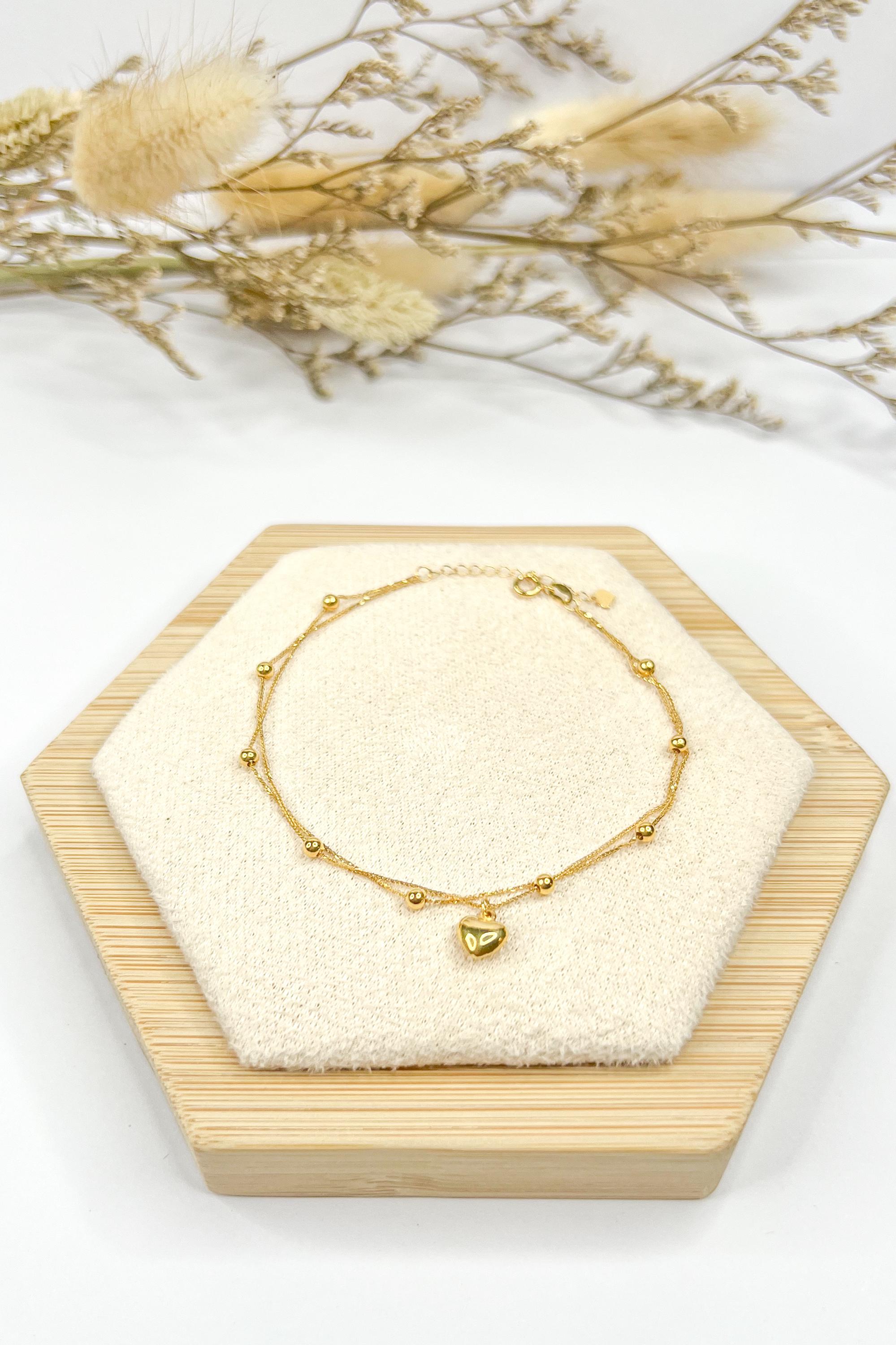 18K Solid Gold Beaded Heart Charm Bracelet, Minimalist Adjustable Jewelry
