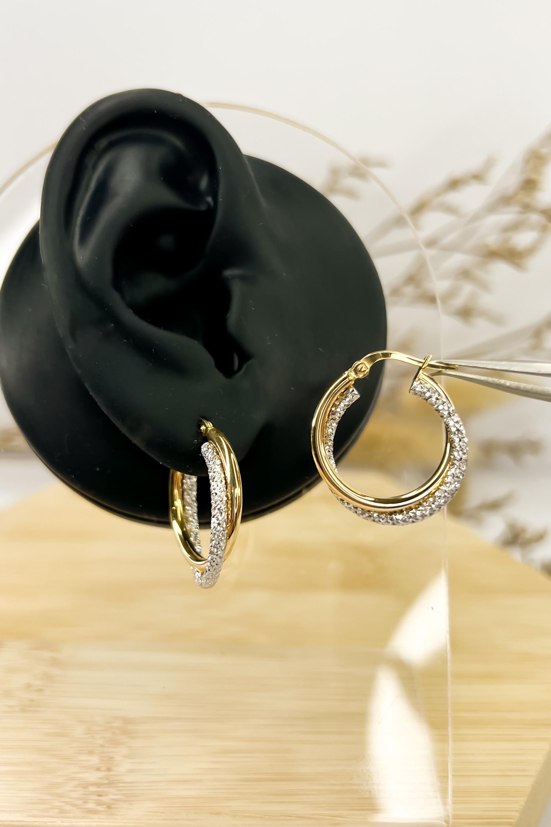 18K Solid Gold Two-Tone Hoop Earrings - Unique - Au750 - 15mm  Birthday Gift - Christmas Gift - Gift for Her - Bestseller Gift