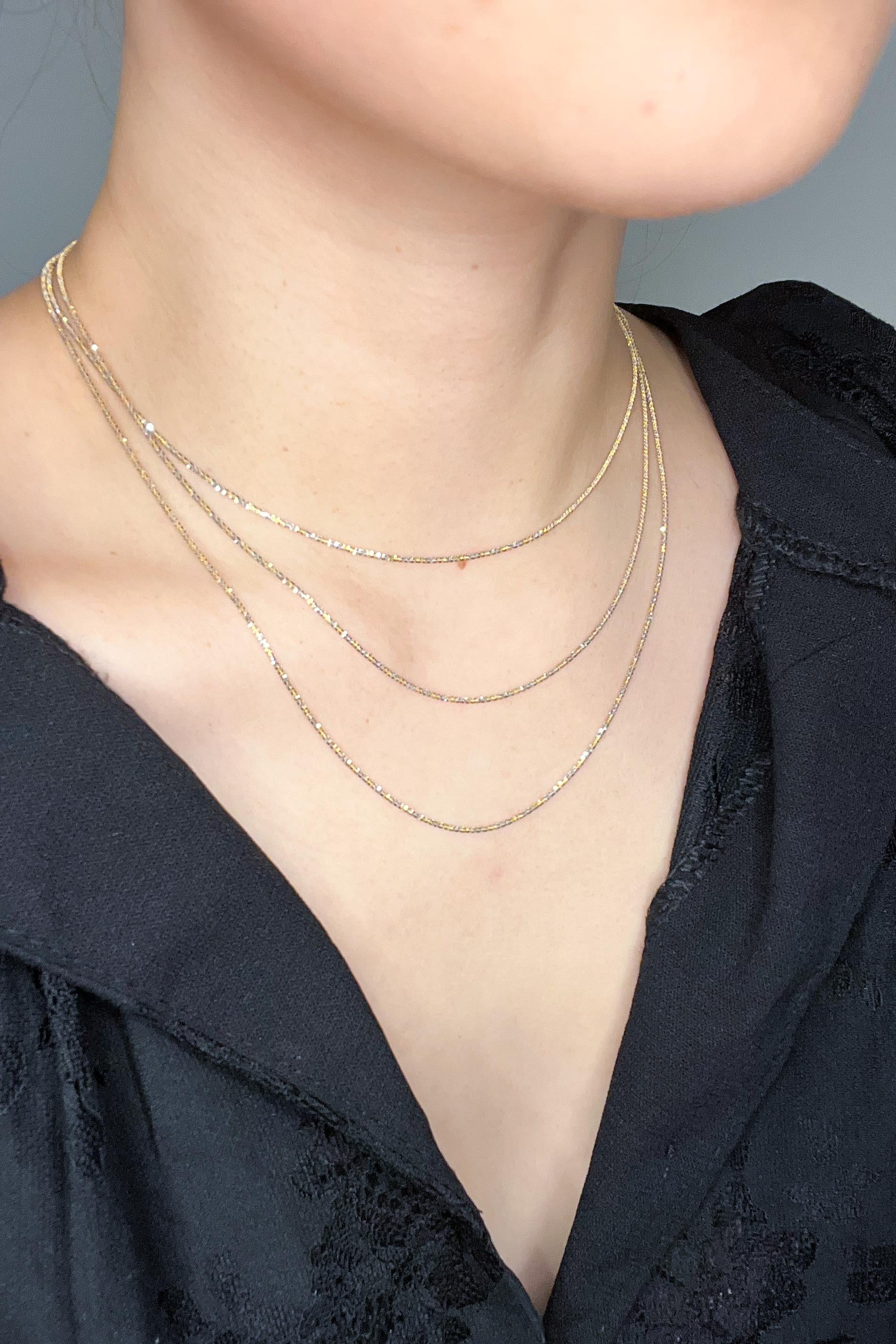 18K Solid Gold Two-Tone Sparkly Necklace, Adjustable Chain, Minimalist Layering Jewelry