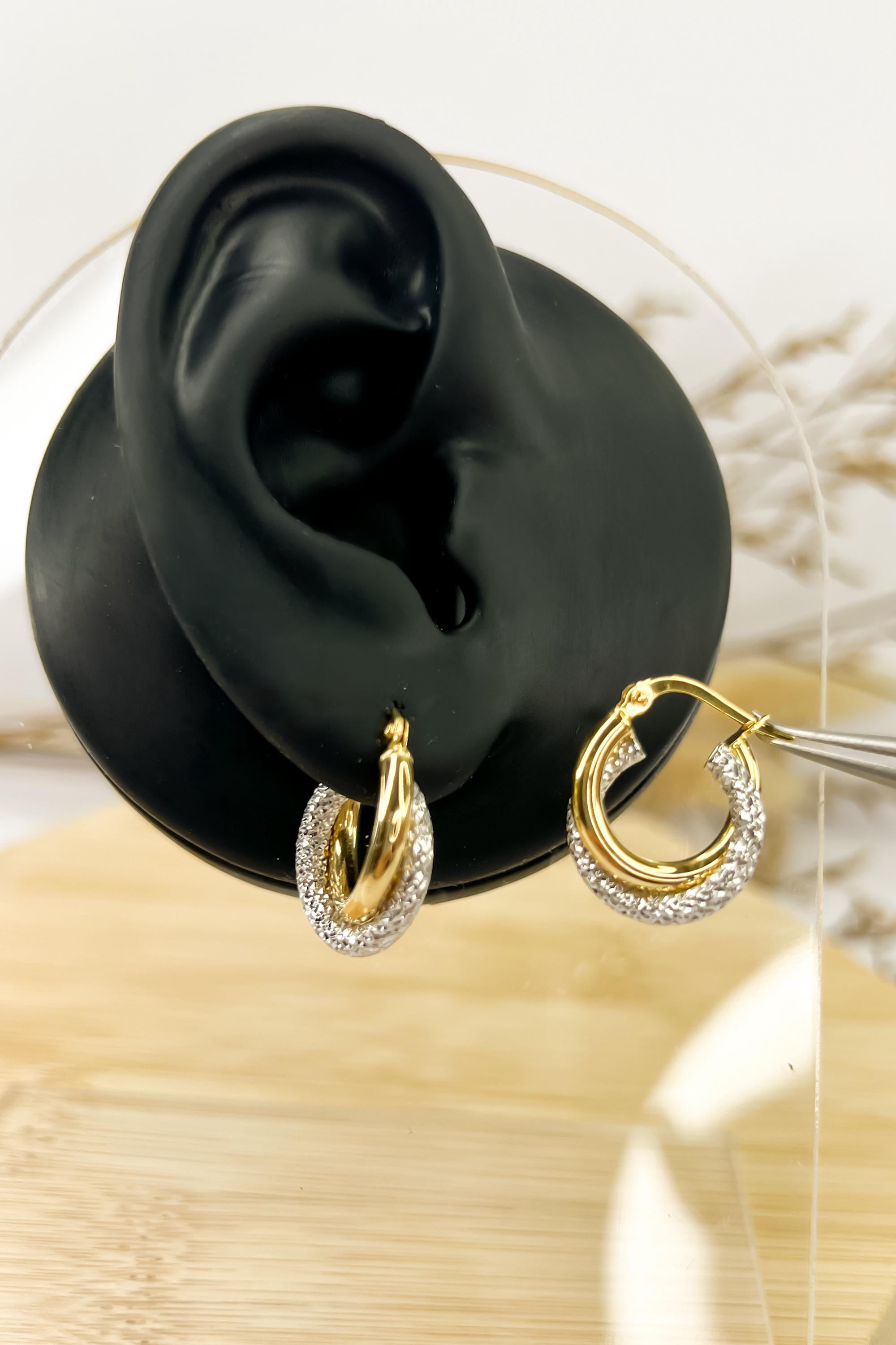 18K Solid Gold Two-Tone Hoop Earrings - Unique - Au750 - 15mm  Birthday Gift - Christmas Gift - Gift for Her - Bestseller Gift