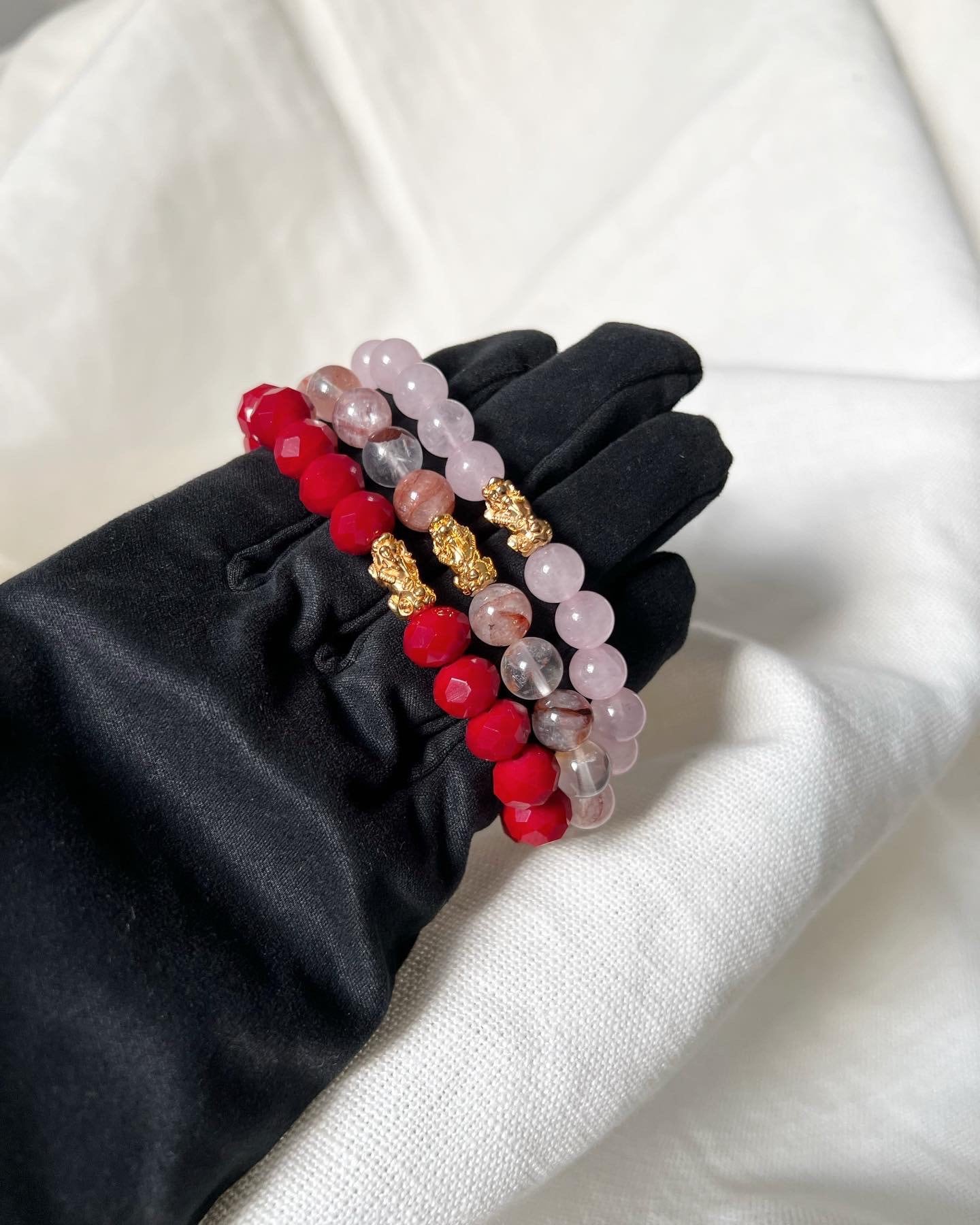 18K Gold Tiger Charm Bracelet, Rose Quartz, Red Coral, Lucky Gemstone Jewelry