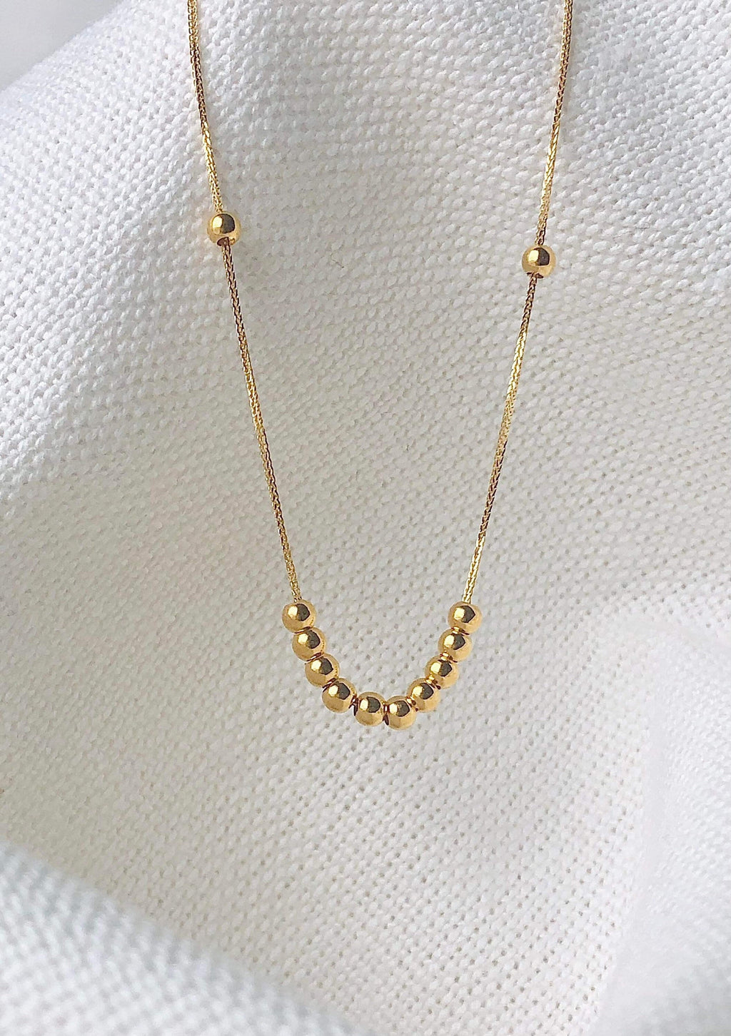 18K Yellow Gold Running Beads Necklace, Minimalist Dainty Chain, Solid Gold Jewelry