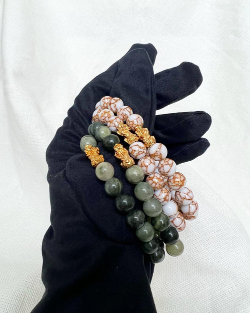 18K Gold Lucky Tiger Charm Bracelet, Jade and Marble Gemstone Beads