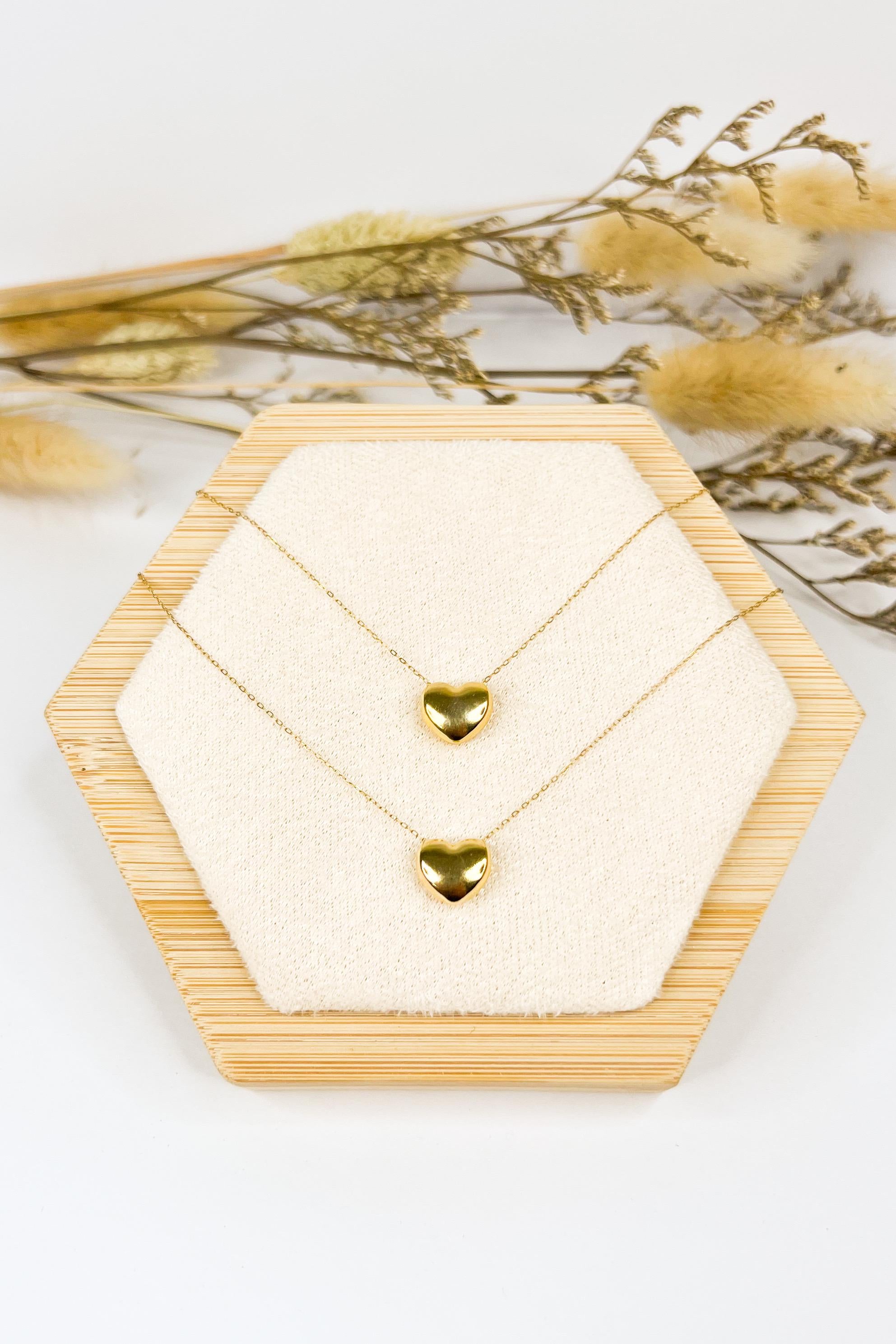 18K Solid Gold Puff Heart Necklace, Dainty 10mm Pendant, Minimalist Jewelry