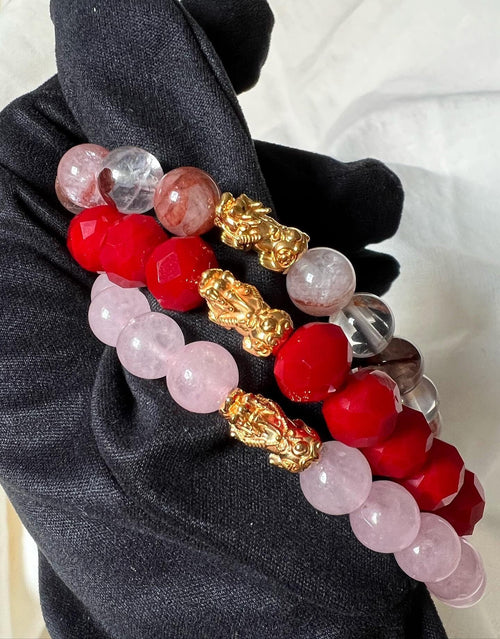 18K Gold Tiger Charm Bracelet, Rose Quartz, Red Coral, Lucky Gemstone Jewelry