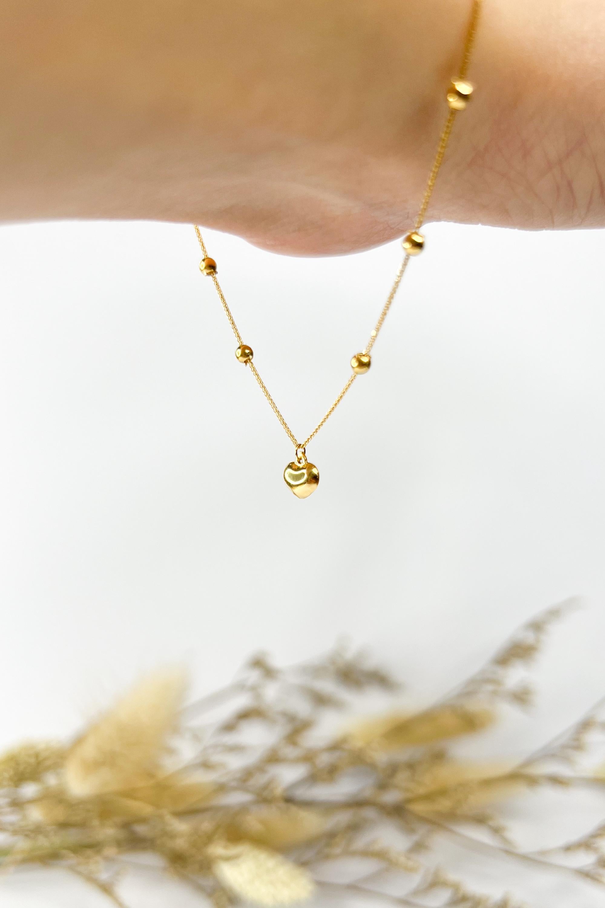 18K Solid Gold Beaded Bracelet with Heart - Double Strand Adjustable
