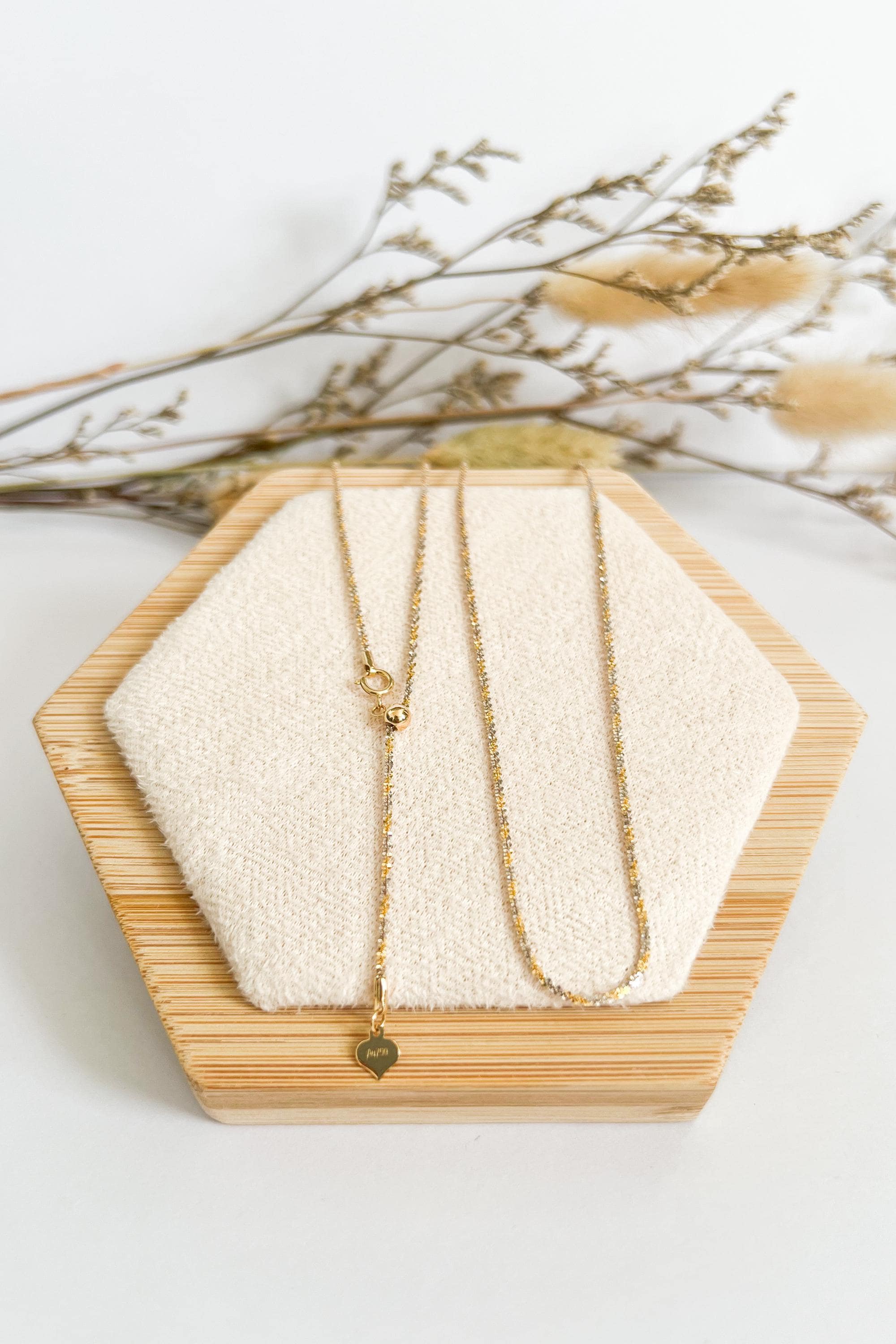 18K Solid Gold Two-Tone Sparkly Necklace, Adjustable Chain, Minimalist Layering Jewelry