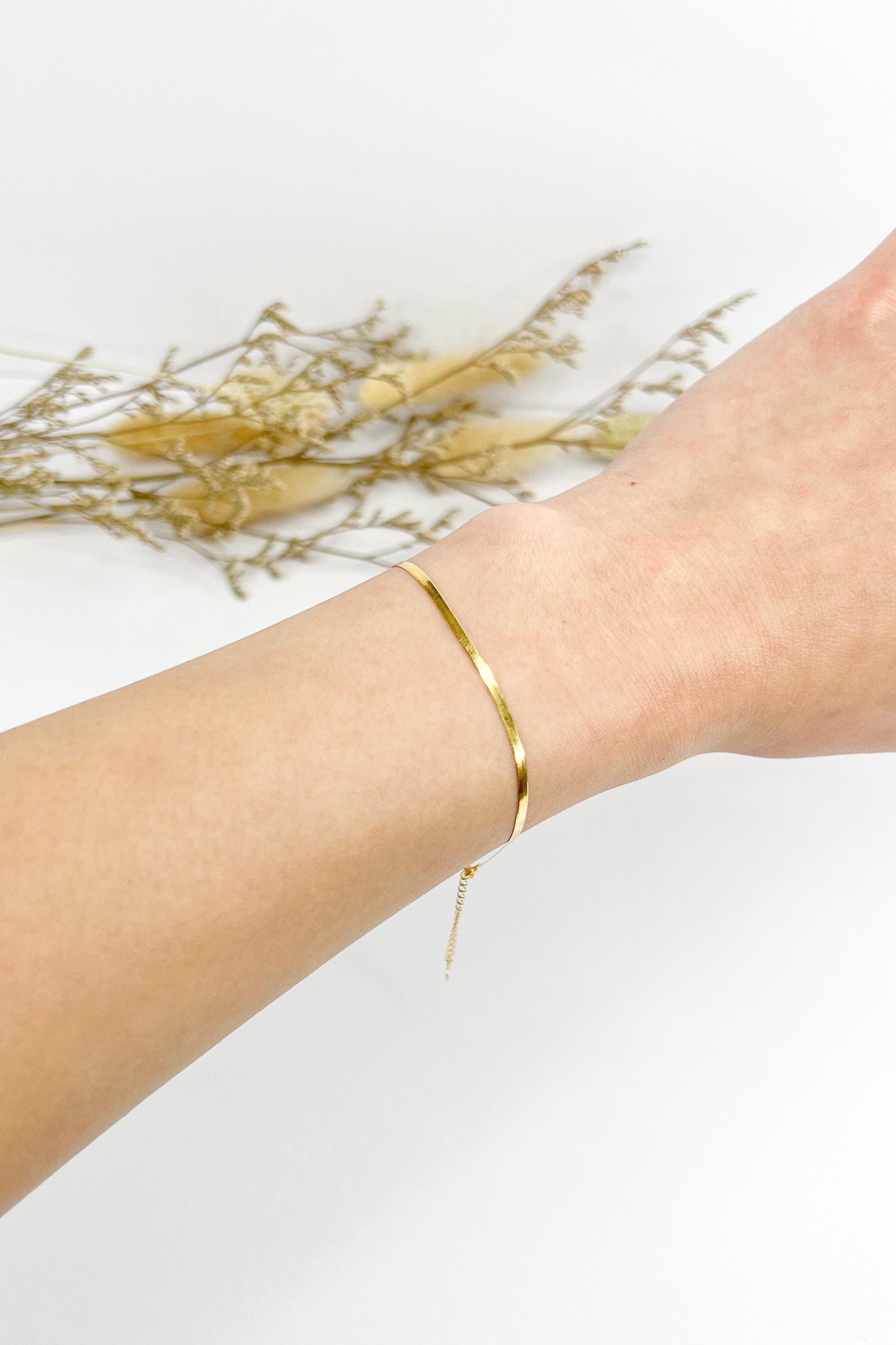 18K Solid Gold Herringbone Bracelet, Petite Flat Dainty Adjustable Jewelry