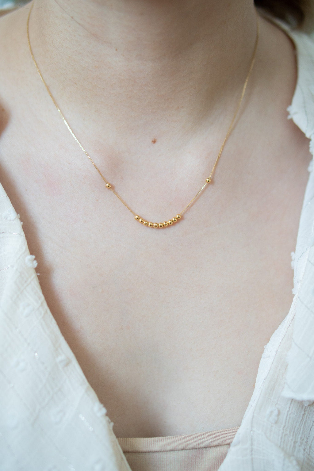 18K Solid Gold Beaded Necklace, Dainty Centerpiece Necklace, Minimalist Gold Chain, Petite Non Adjustable Necklace, Gift for Her