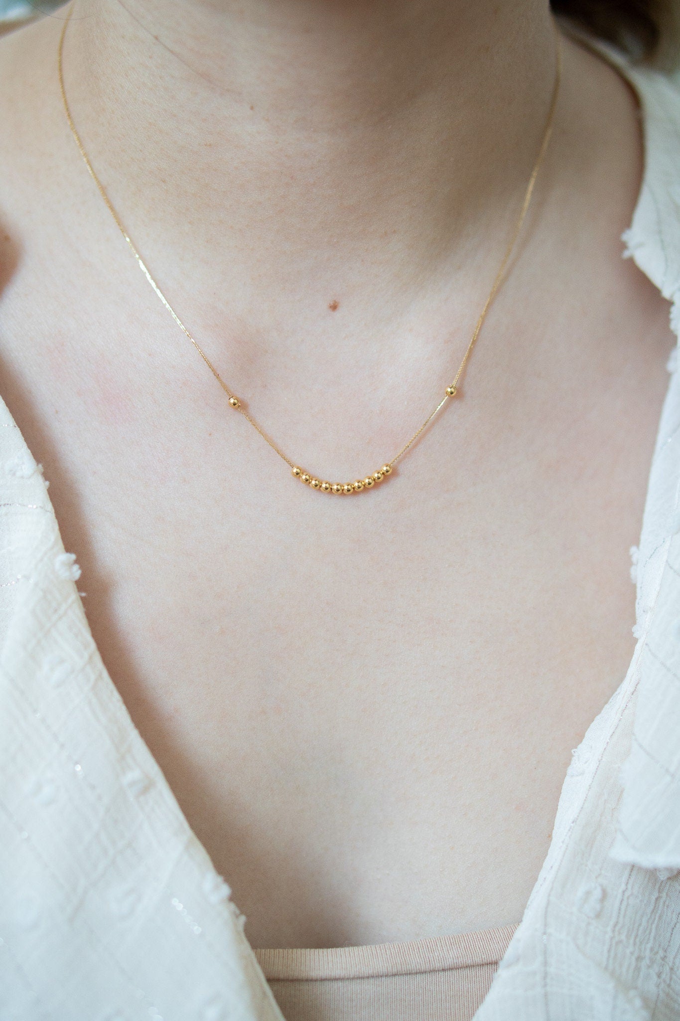 18K Solid Gold Beaded Necklace, Dainty Centerpiece Necklace, Minimalist Gold Chain, Petite Non Adjustable Necklace, Gift for Her