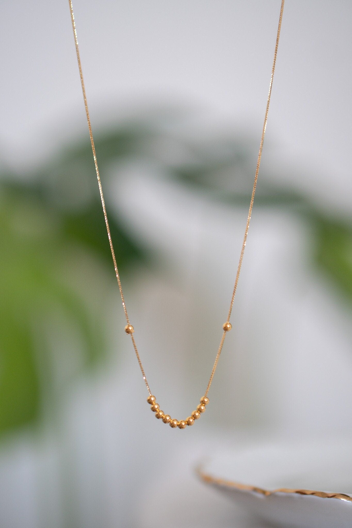 18K Solid Gold Beaded Necklace, Dainty Centerpiece Necklace, Minimalist Gold Chain, Petite Non Adjustable Necklace, Gift for Her