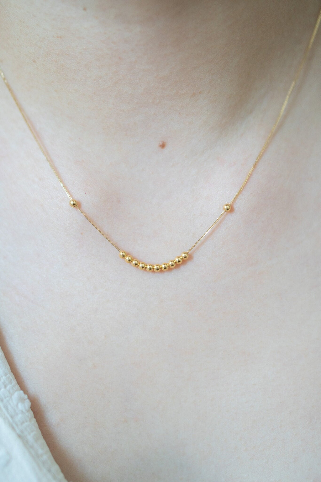 18K Solid Gold Beaded Necklace, Dainty Centerpiece Necklace, Minimalist Gold Chain, Petite Non Adjustable Necklace, Gift for Her