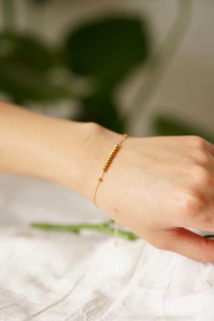 18K Solid Gold Running Beads Bracelet, Adjustable Gold Bracelet, Dainty Minimalist Jewelry, Gift for Her, Au750 Beaded Bracelet
