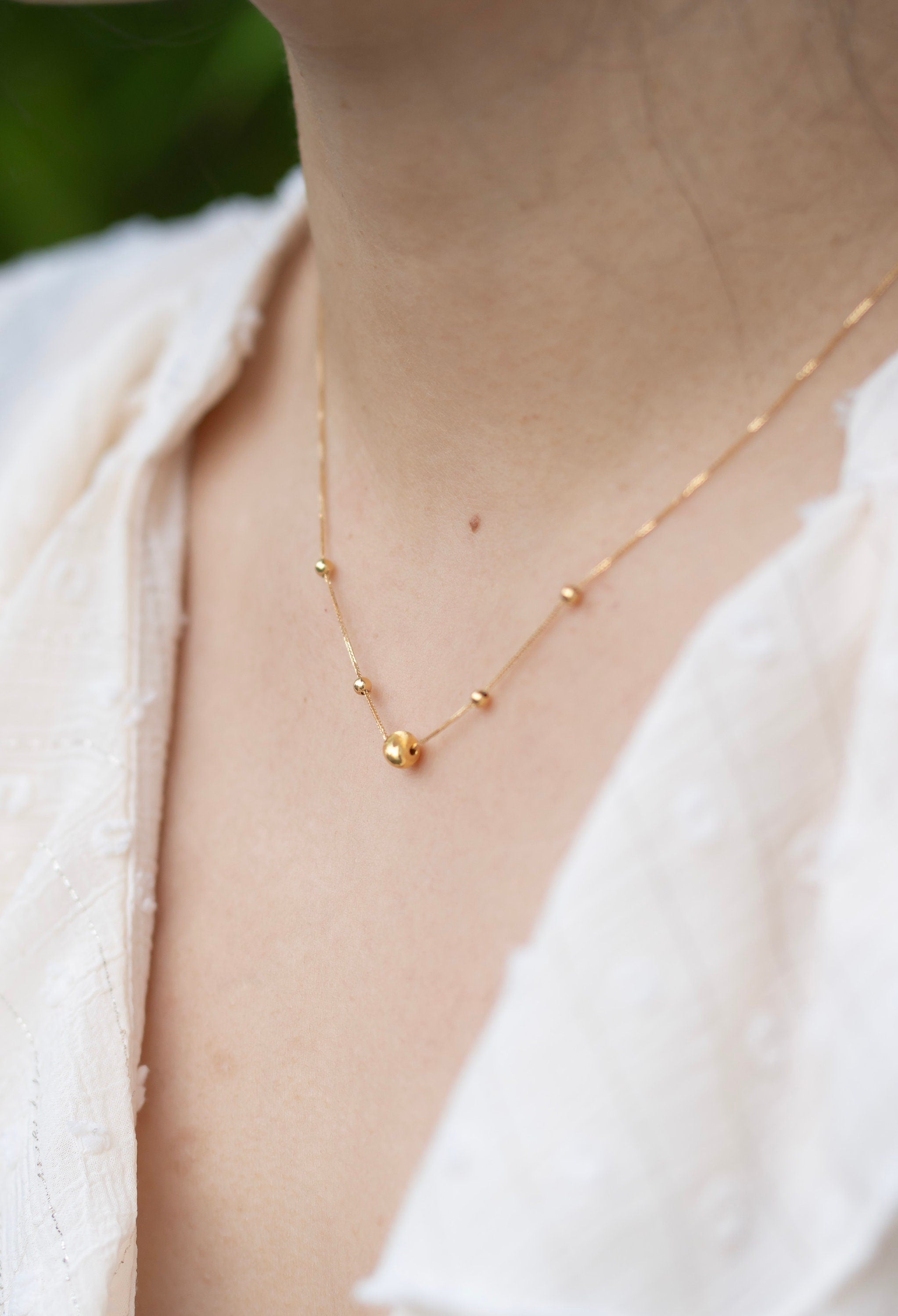 18K Solid Gold Beaded Eyelet Necklace, Dainty Gold Chain Necklace, Adjustable Minimalist Layering Necklace, Gift for Her