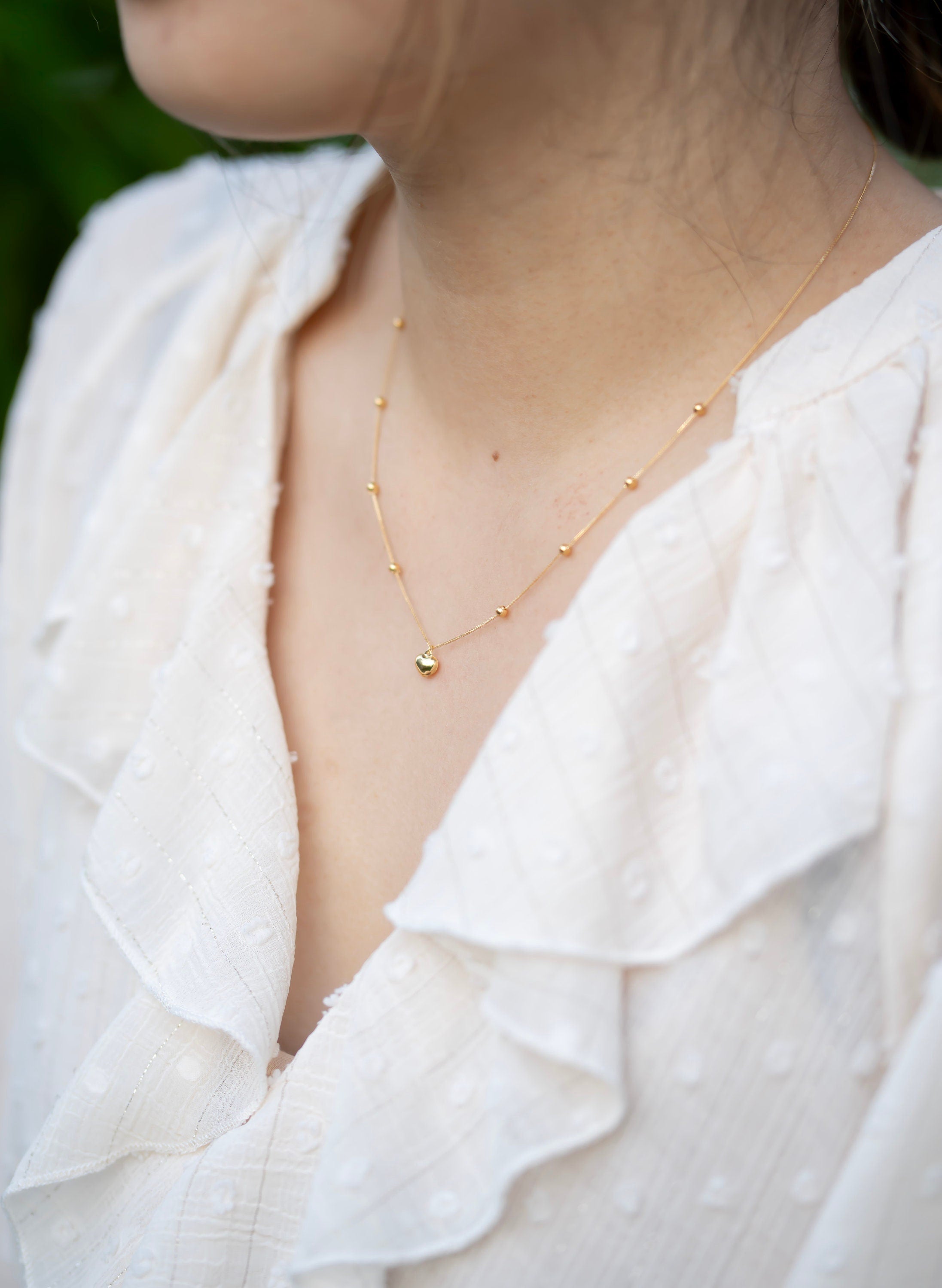 18K Solid Gold Heart Necklace, Beaded Ball Chain Necklace, Adjustable Dainty Gold Necklace, Gift for Her