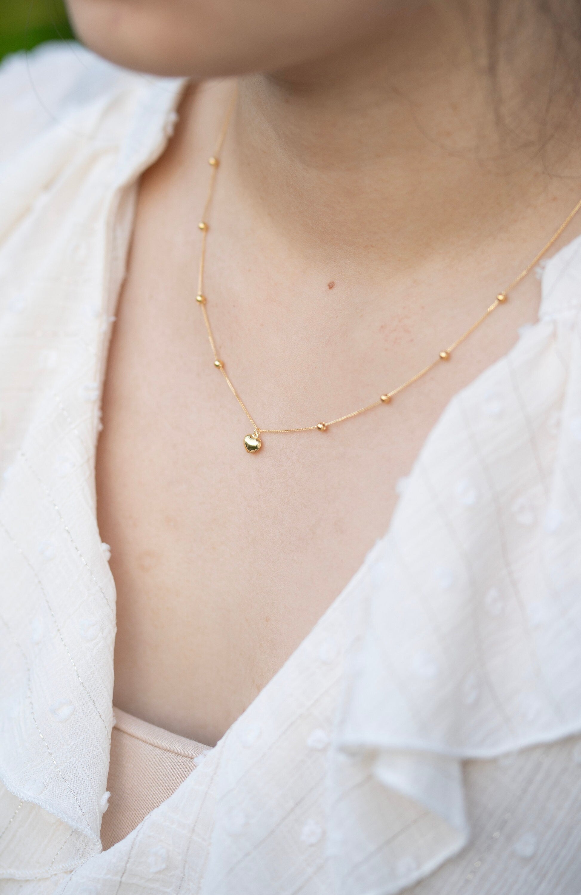 18K Solid Gold Heart Necklace, Beaded Ball Chain Necklace, Adjustable Dainty Gold Necklace, Gift for Her