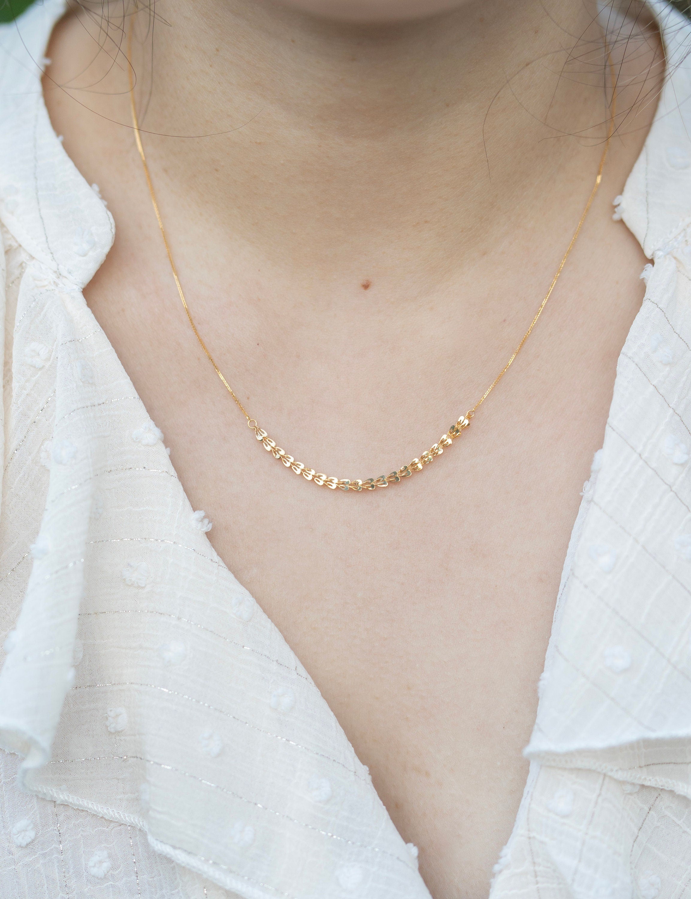 18K Solid Gold Wheat Necklace, Adjustable Gold Chain, Dainty Minimalist Necklace, Gift for Her