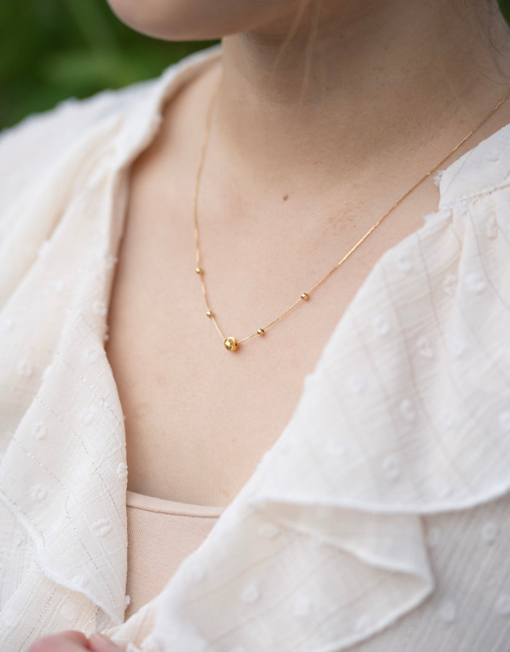 18K Solid Gold Beaded Eyelet Necklace, Dainty Gold Chain Necklace, Adjustable Minimalist Layering Necklace, Gift for Her