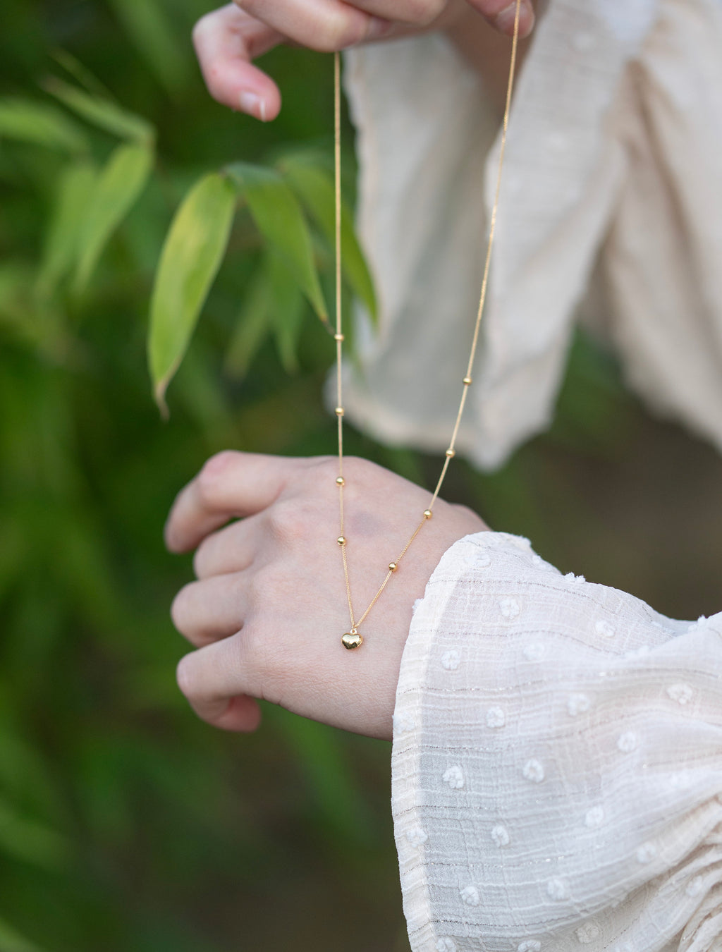 18K Solid Gold Heart Necklace, Beaded Ball Chain Necklace, Adjustable Dainty Gold Necklace, Gift for Her