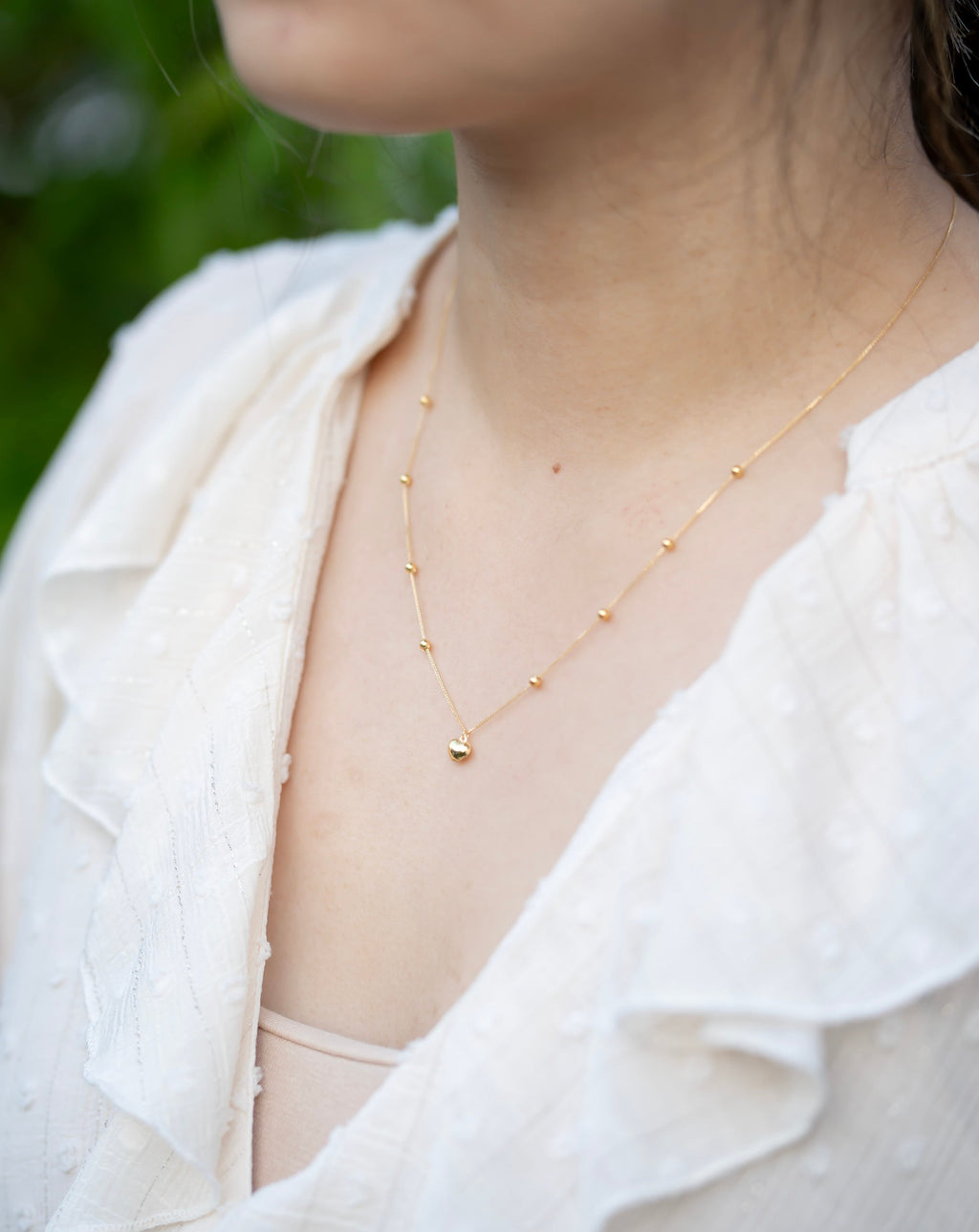 18K Solid Gold Heart Necklace, Beaded Ball Chain Necklace, Adjustable Dainty Gold Necklace, Gift for Her