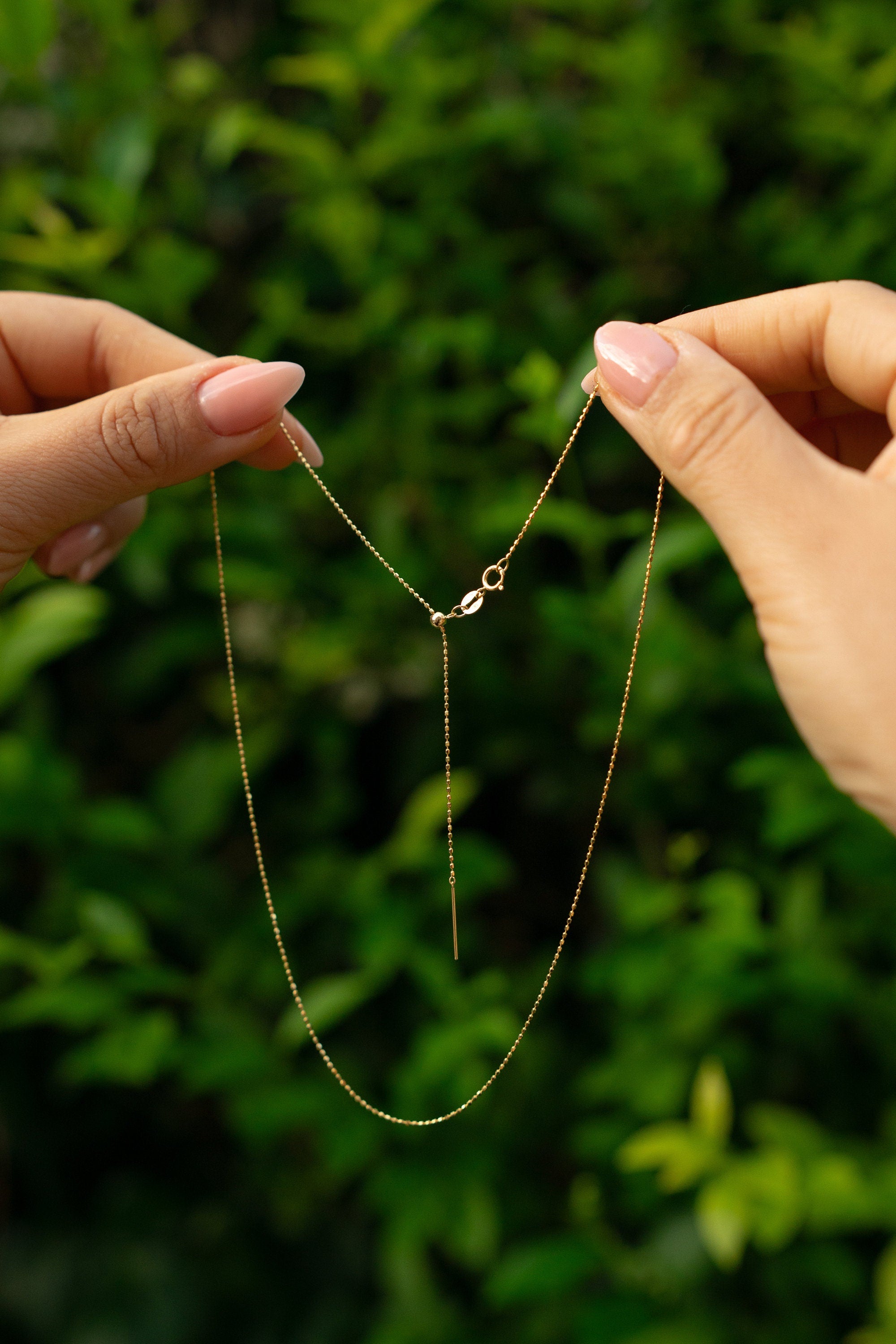 18K Solid Gold Beaded Necklace, Adjustable 2 Way Gold Chain, Dainty Minimalist Necklace, Gift for Her