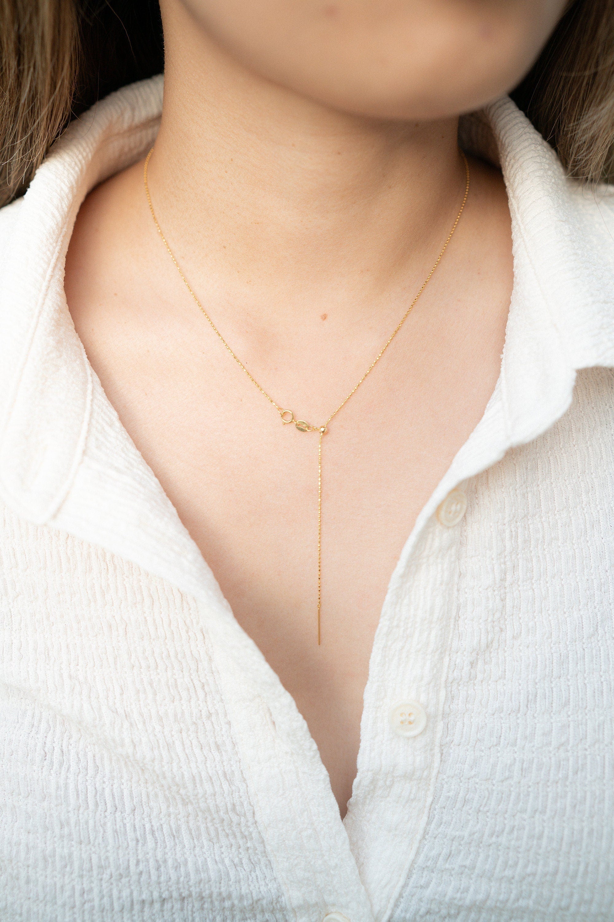 18K Solid Gold Beaded Necklace, Adjustable 2 Way Gold Chain, Dainty Minimalist Necklace, Gift for Her