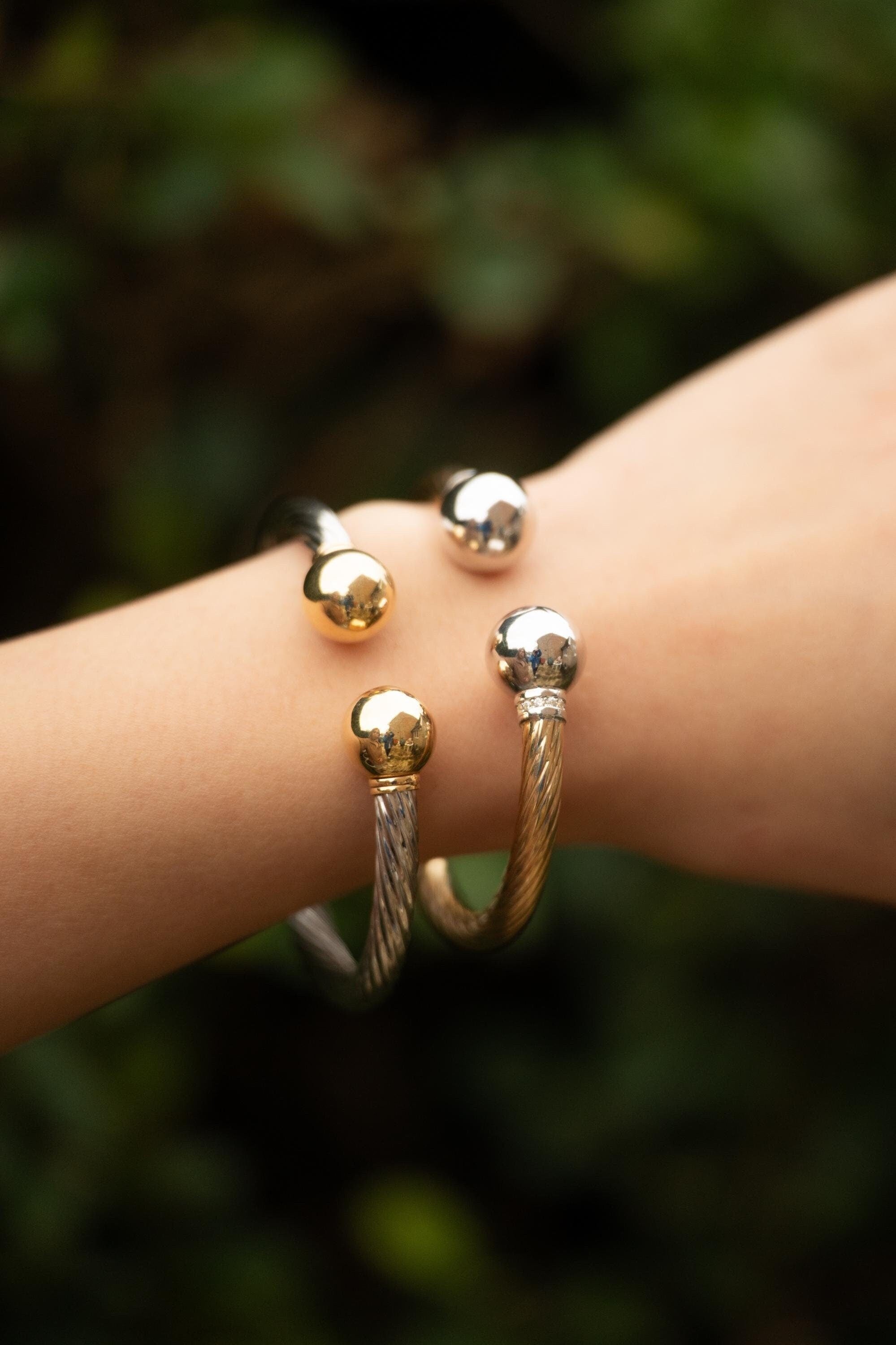 18K Solid Gold Open Cuff Bangle Bracelet, Ball End Gold Bracelet, Minimalist Bangle, Gift for Her