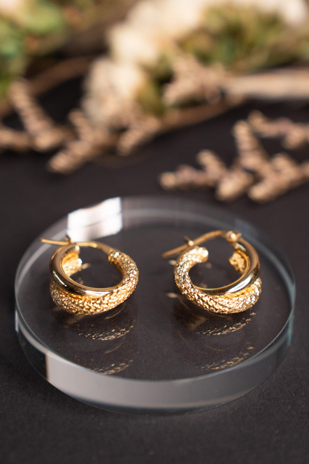 18K Solid Gold Hoop Earrings, Two Tone Textured Gold Hoops, Statement Minimalist Earrings, Gift for Her