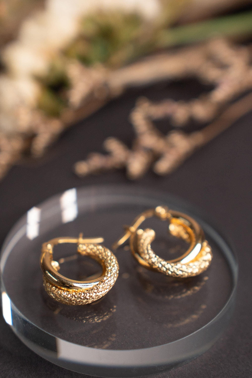 18K Solid Gold Hoop Earrings, Two Tone Textured Gold Hoops, Statement Minimalist Earrings, Gift for Her