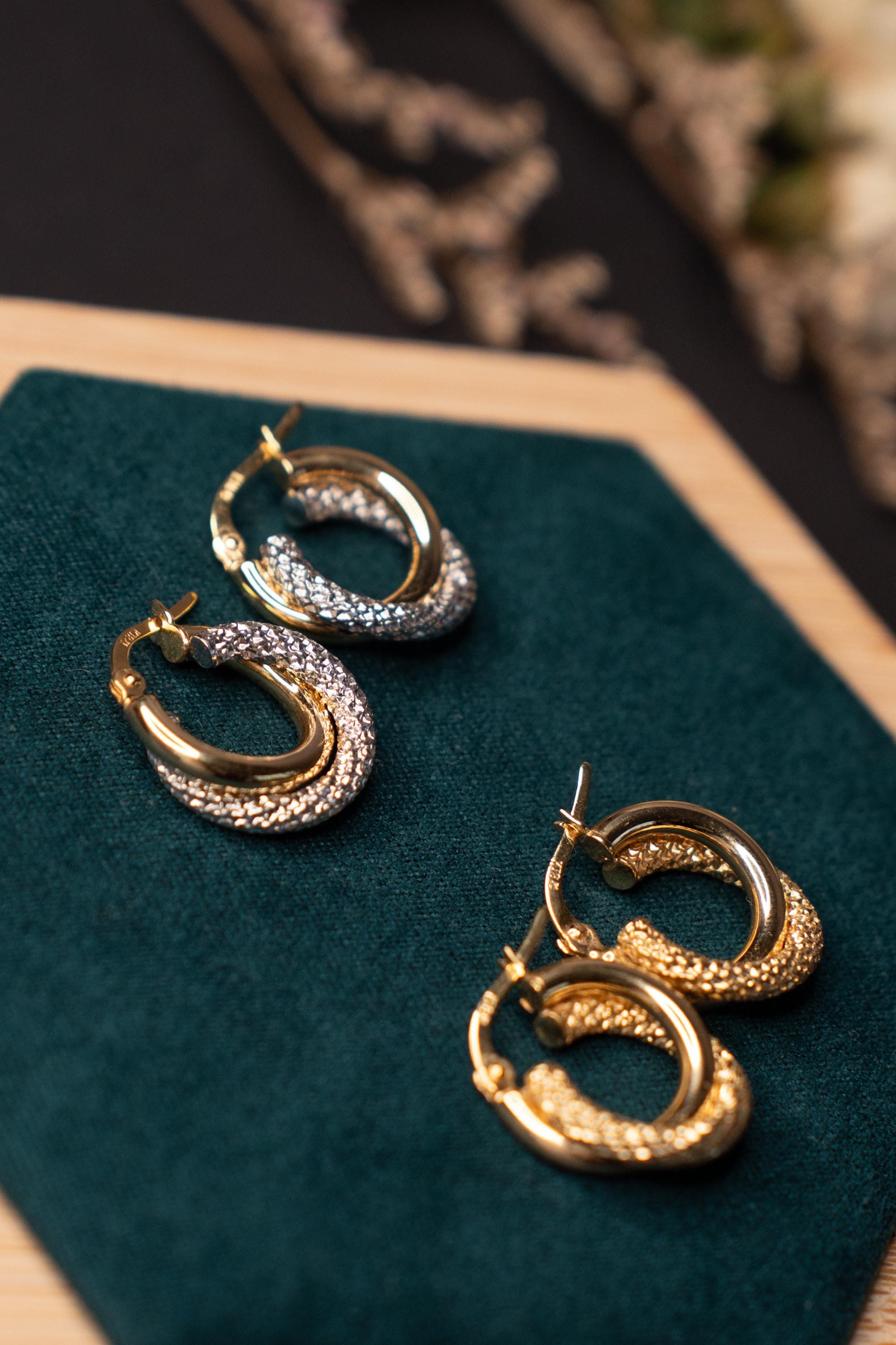 18K Solid Gold Hoop Earrings, Two Tone Textured Gold Hoops, Statement Minimalist Earrings, Gift for Her