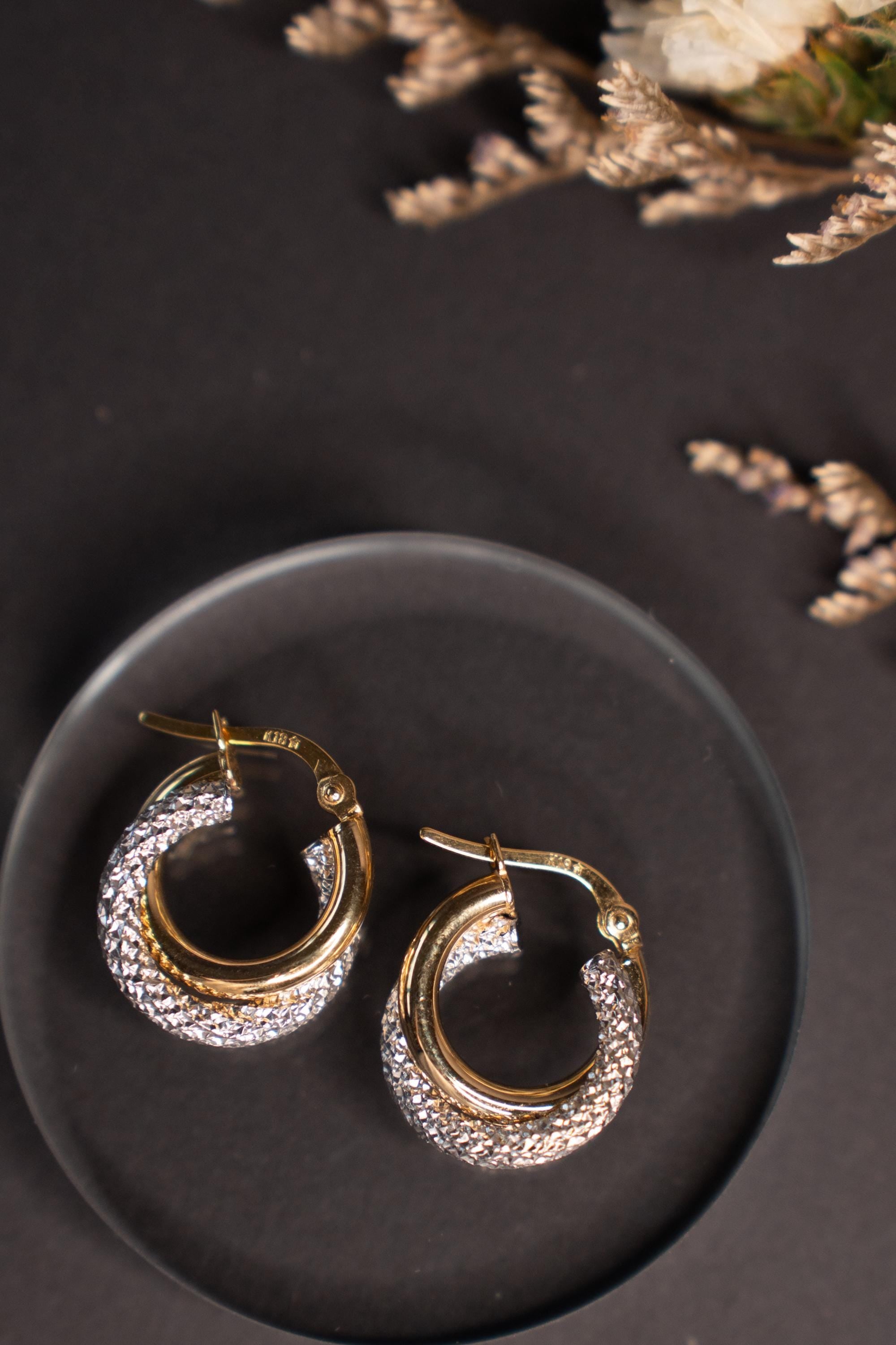 18K Solid Gold Hoop Earrings, Two Tone Hoop Earrings, Textured Gold Hoops, Minimalist Statement Earrings, Gift for Her