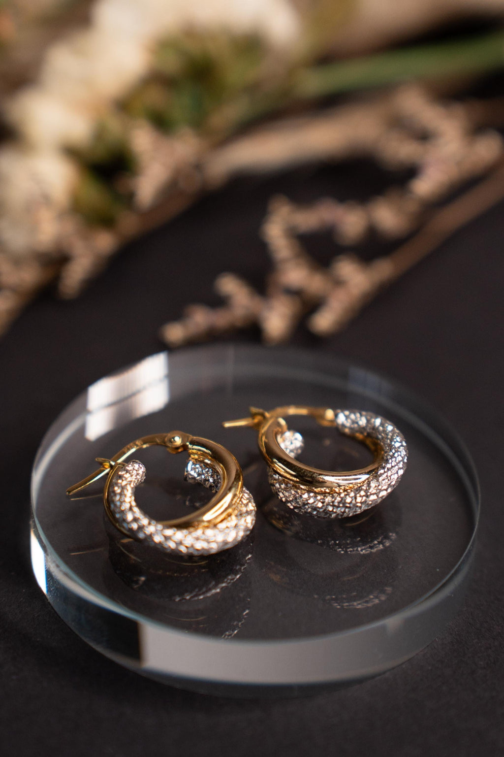 18K Solid Gold Hoop Earrings, Two Tone Hoop Earrings, Textured Gold Hoops, Minimalist Statement Earrings, Gift for Her